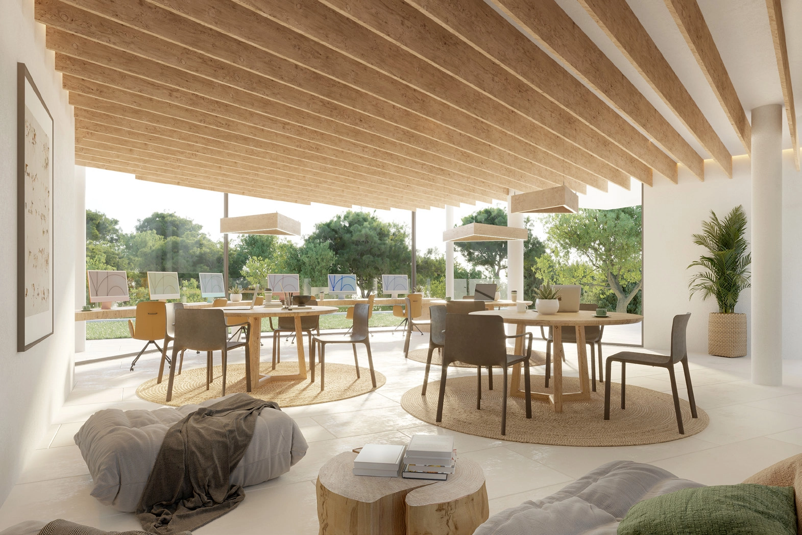 Ett dedikerat co-working-utrymme erbjuder en lugn och inspirerande miljö för boende att arbeta eller mötas i.