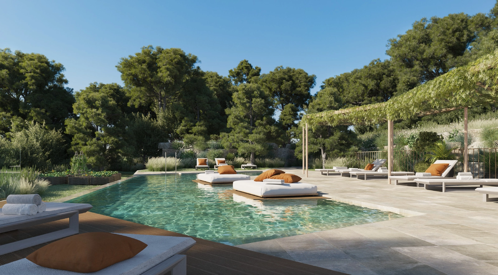 Det gemensamma poolområdet är en fridfull oas, omgiven av frodig grönska för total avkoppling.