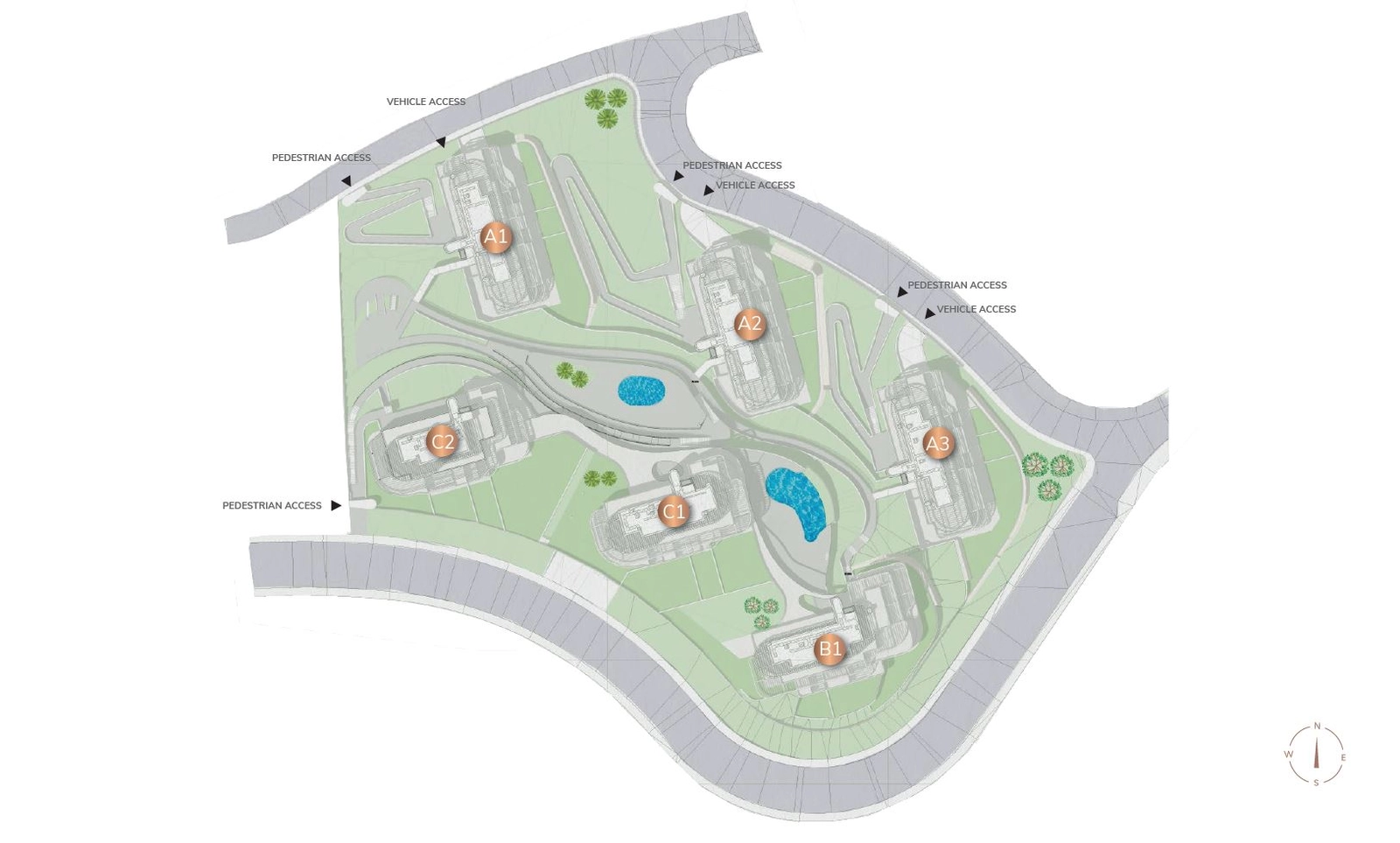 Upptäck den mästerliga platsplanen, som visar den harmoniska integrationen av sex exklusiva byggnader inom anlagda trädgårdar, pooler och rekreationsområden.