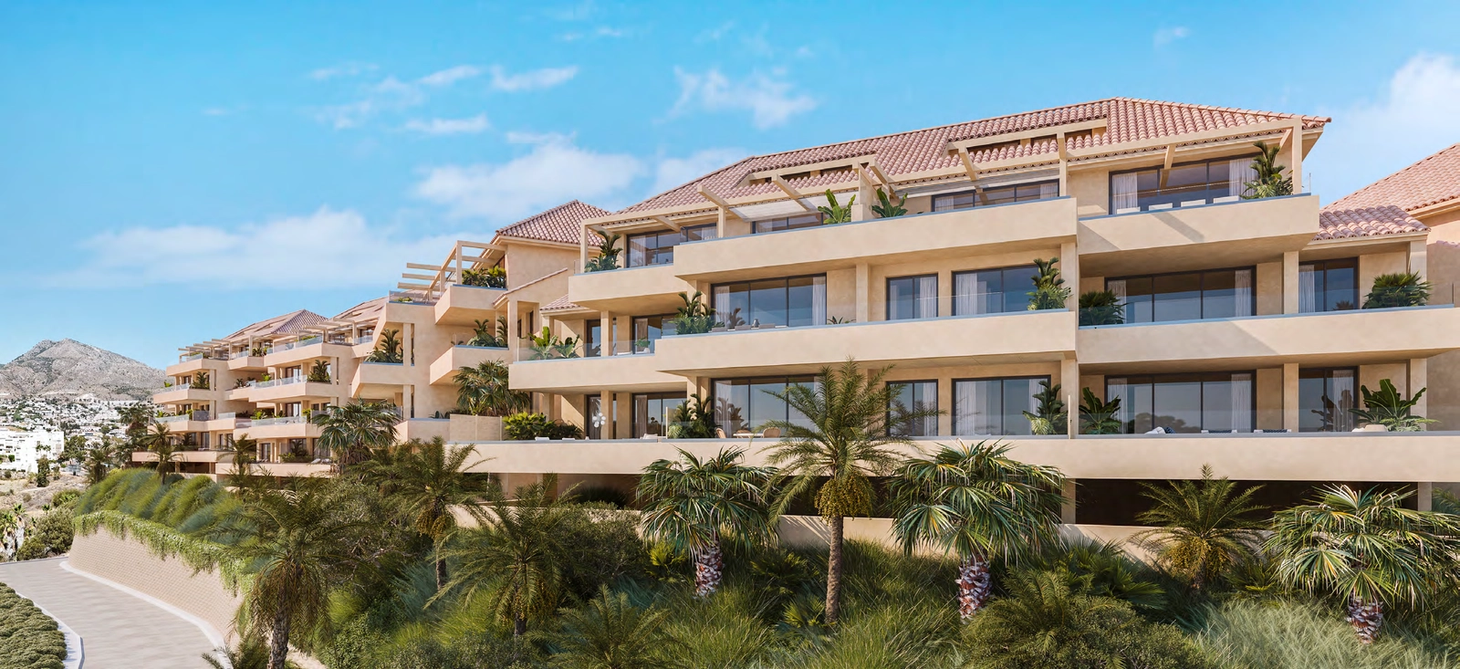 Anläggningens eleganta arkitektur, genomtänkt integrerad i det naturliga sluttande landskapet.