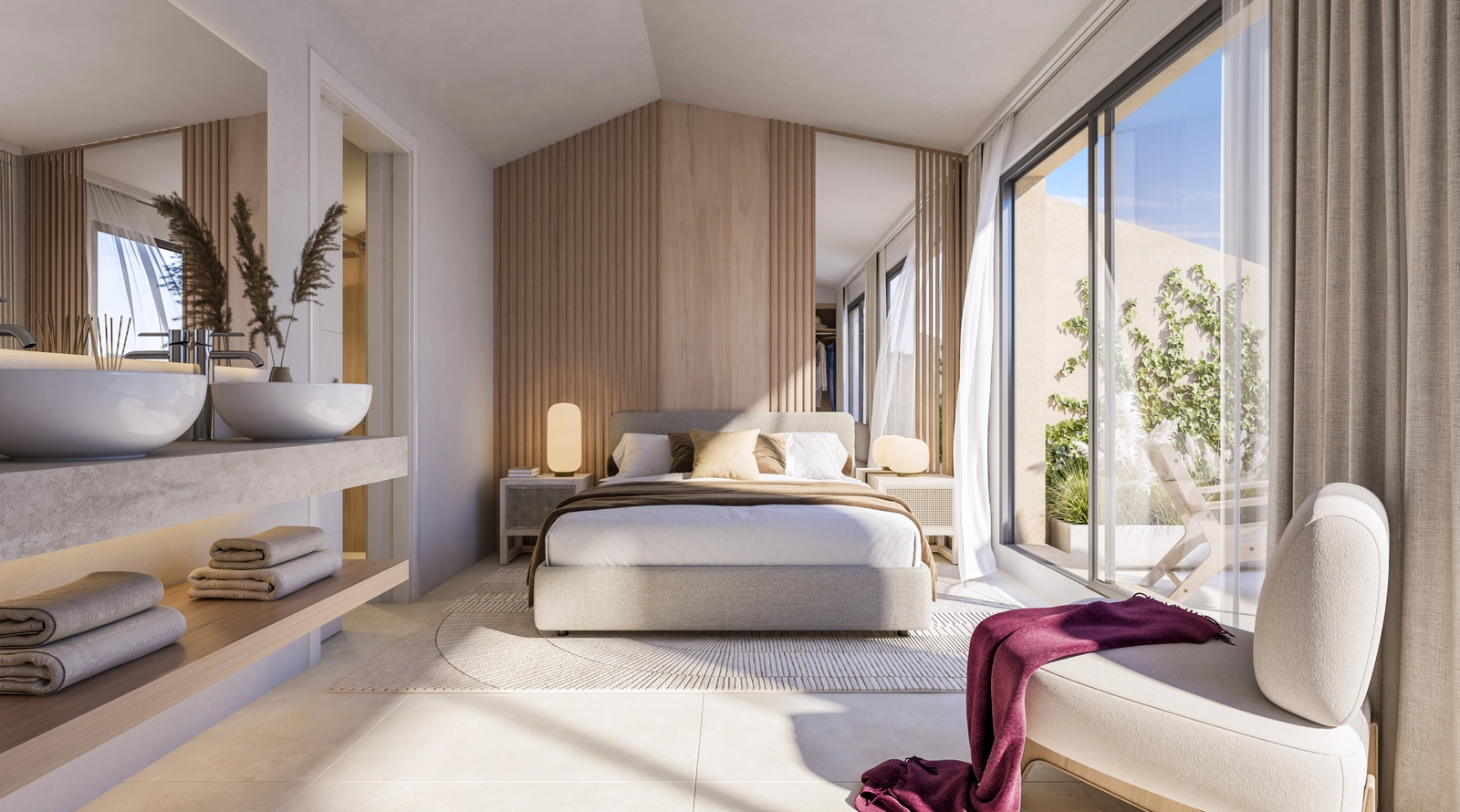 Master-sviten, en fridfull tillflyktsort med öppet badrum och direkt tillgång till en privat terrass.