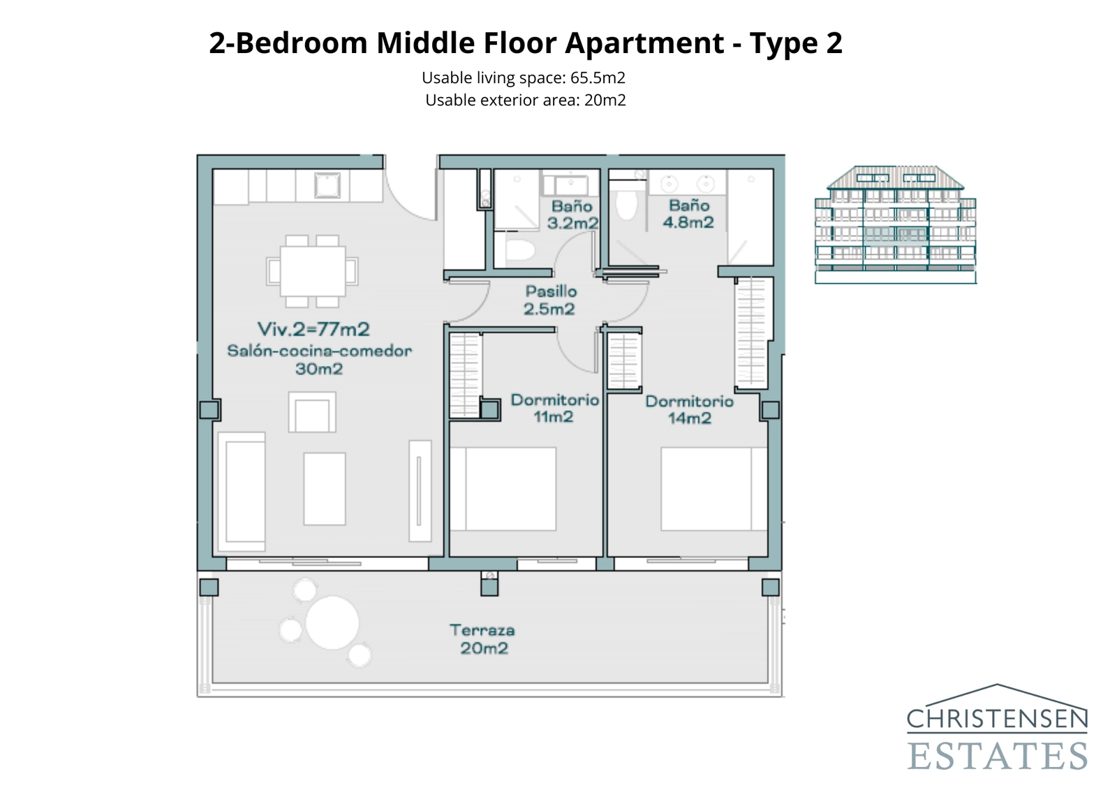 En effektiv tvårumslägenhet som maximerar utrymme och ljus, med öppen planlösning i vardagsrummet och direkt tillgång till en privat terrass.
