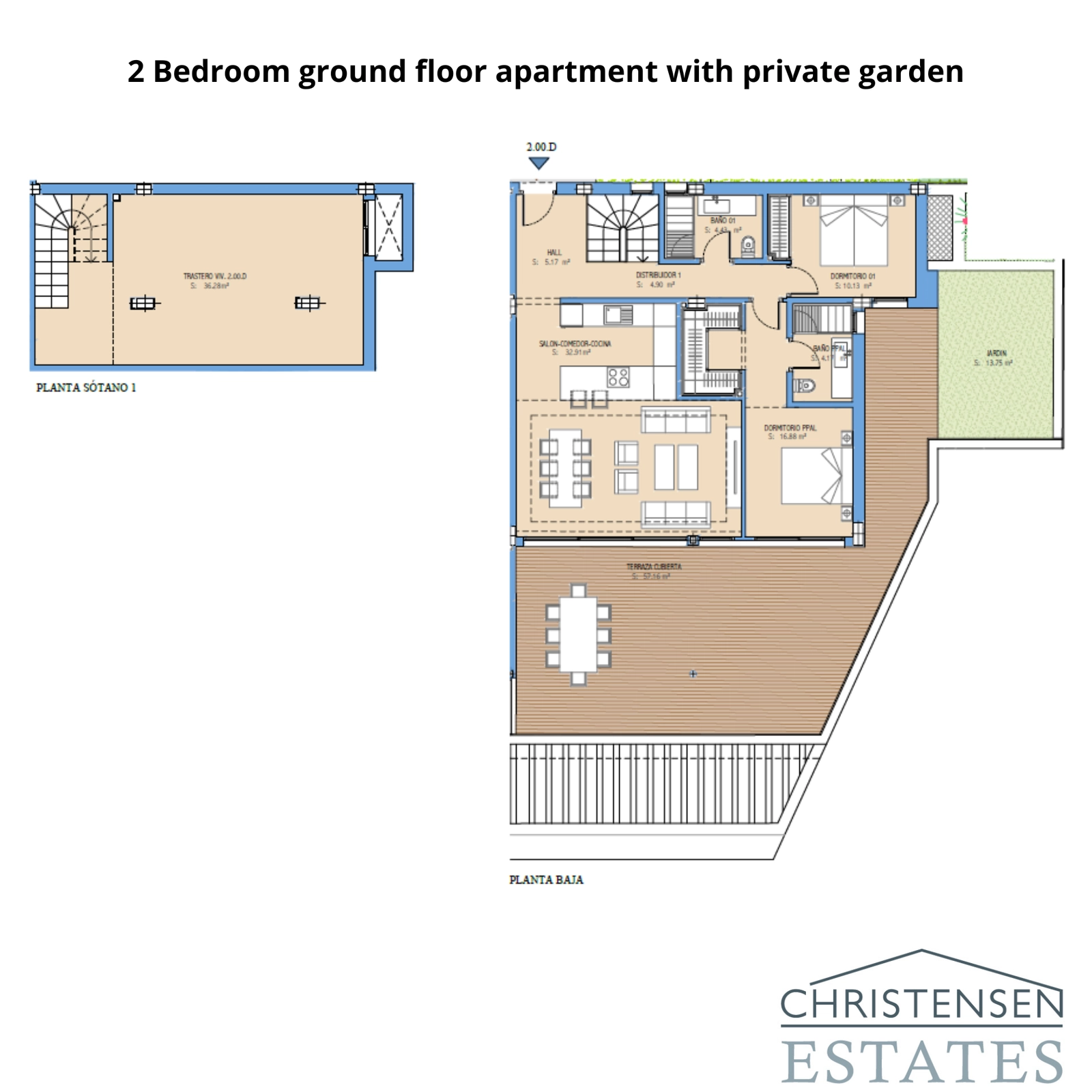 En genomtänkt designad planlösning för lägenhet på bottenvåning med två sovrum, med en privat trädgård för en sömlös livsstil mellan inomhus och utomhus.