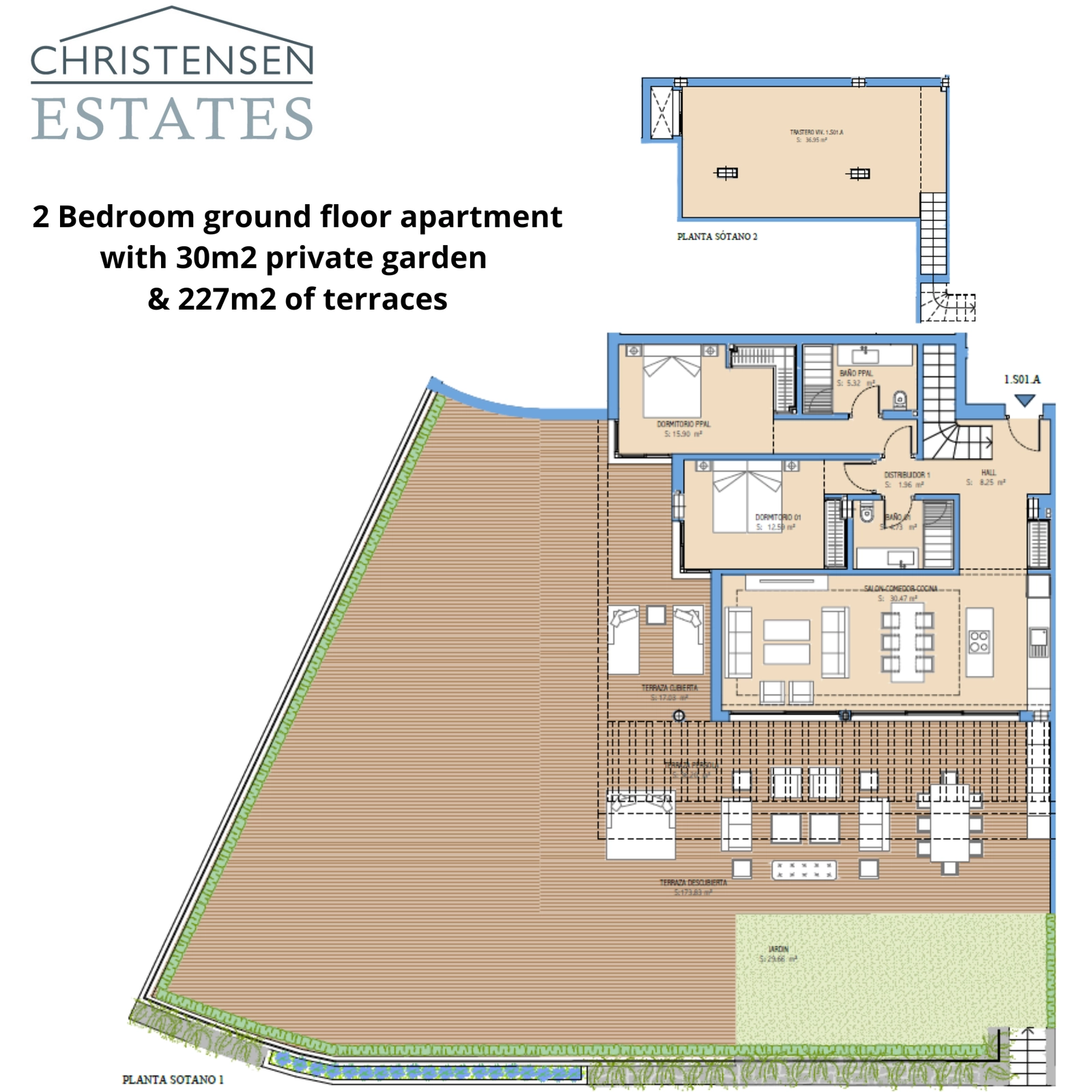 Denna rymliga lägenhet på bottenvåning med två sovrum har en exceptionellt stor terrass och privat trädgård, som utökar ditt vardagsrum utomhus.