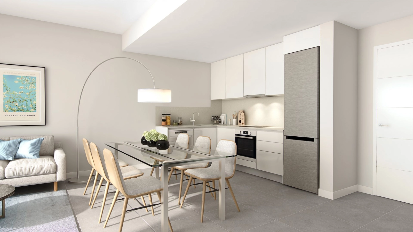 Ett modernt, fullt utrustat kök integreras perfekt med matplatsen, vilket skapar ett socialt och funktionellt hjärta i hemmet.