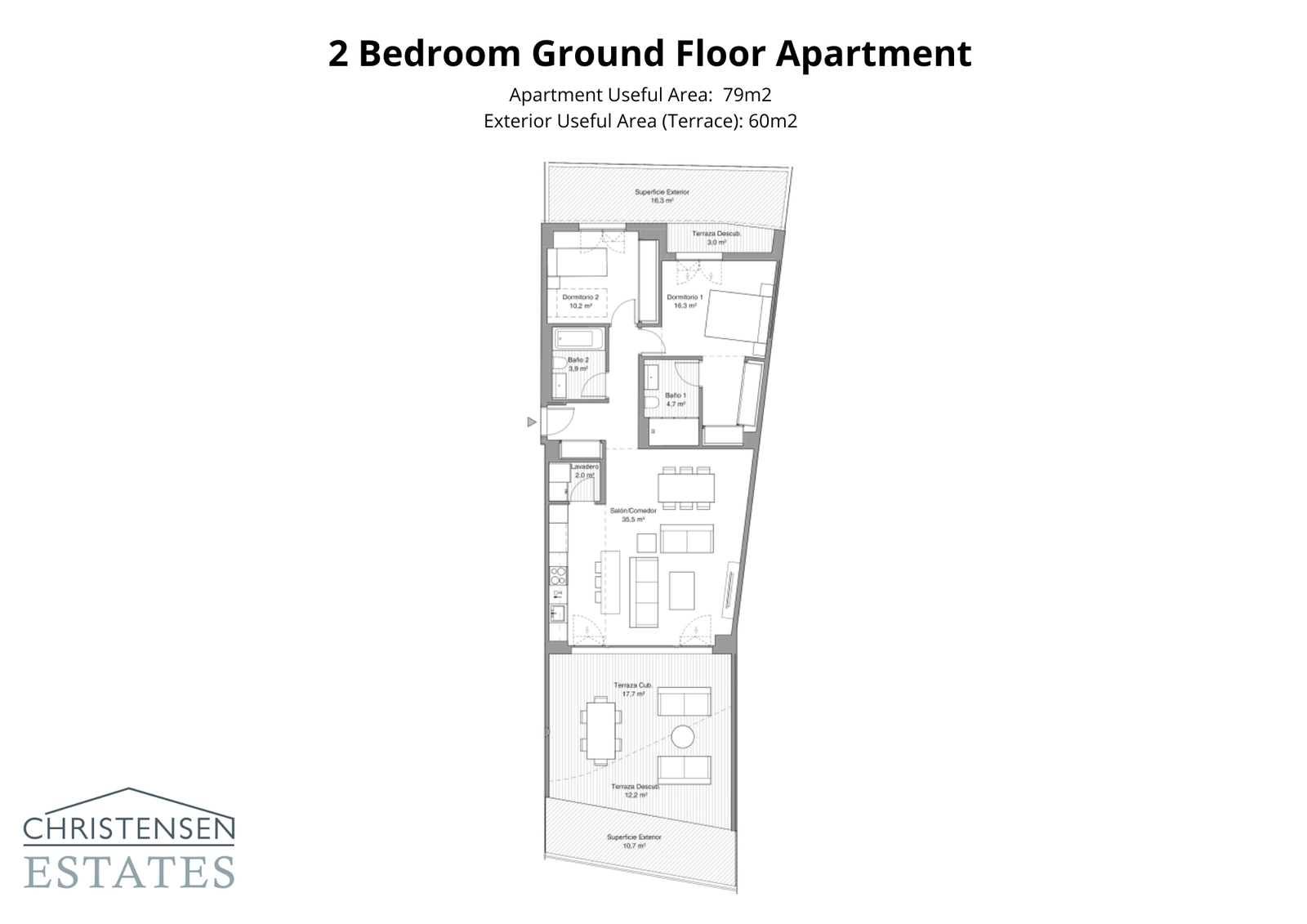 Denna markplansbostad med två sovrum har en smart planlösning med två separata terrasser, vilket utökar boytan utomhus.