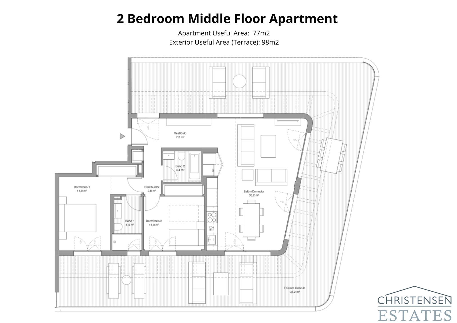 En väldesignad lägenhetsplanlösning med två sovrum och en stor, omslutande terrass som erbjuder gott om plats för solbad och middagar.