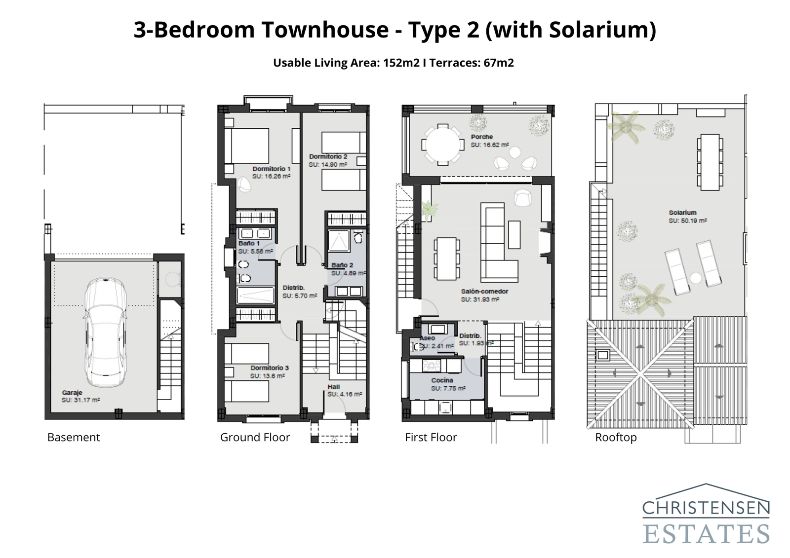 En utmärkt planlösning i fyra våningar, inklusive ett källargarage, tre sovrum, ett öppet vardagsrum och ett stort taksolarium, perfekt för att njuta av solen och utsikten.