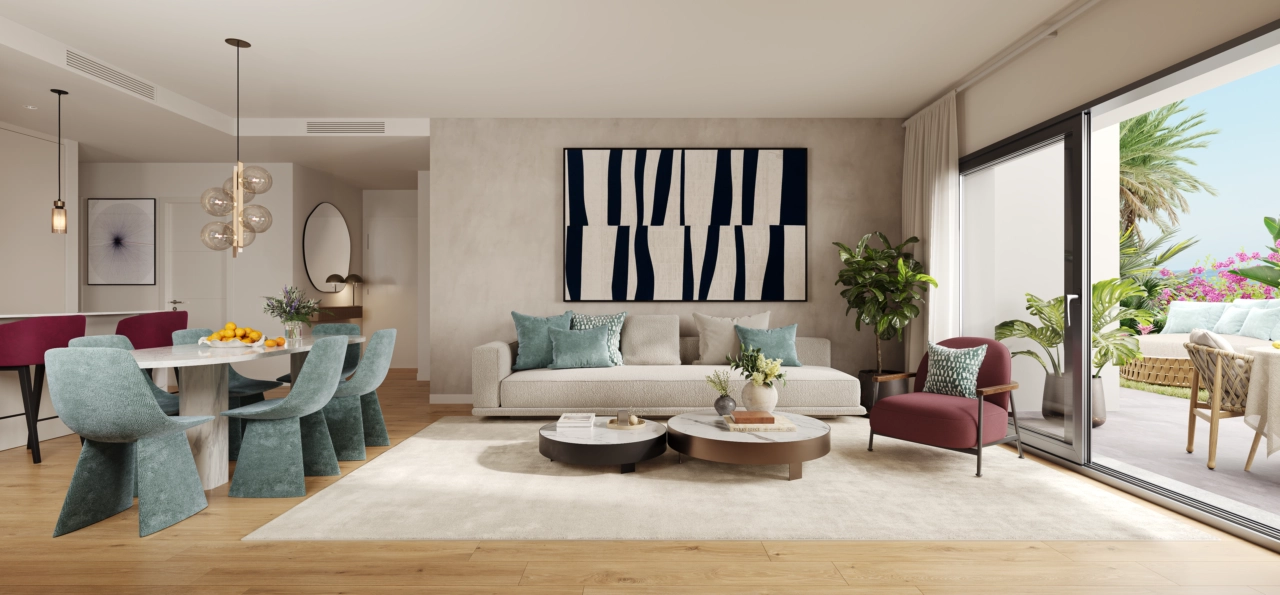 Det eleganta vardagsrummet är designat för komfort och stil, med stora fönster som ger rikligt med naturligt ljus.