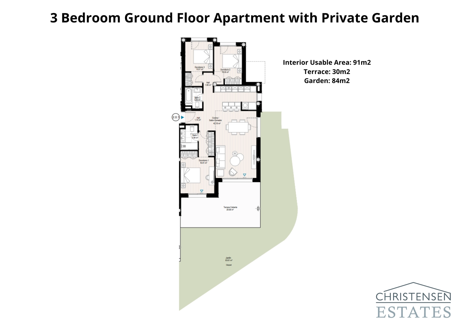 Denna planlösning med tre sovrum på bottenvåningen visar en sömlös koppling mellan den rymliga interiören och en stor privat trädgård, perfekt för familjelivet.