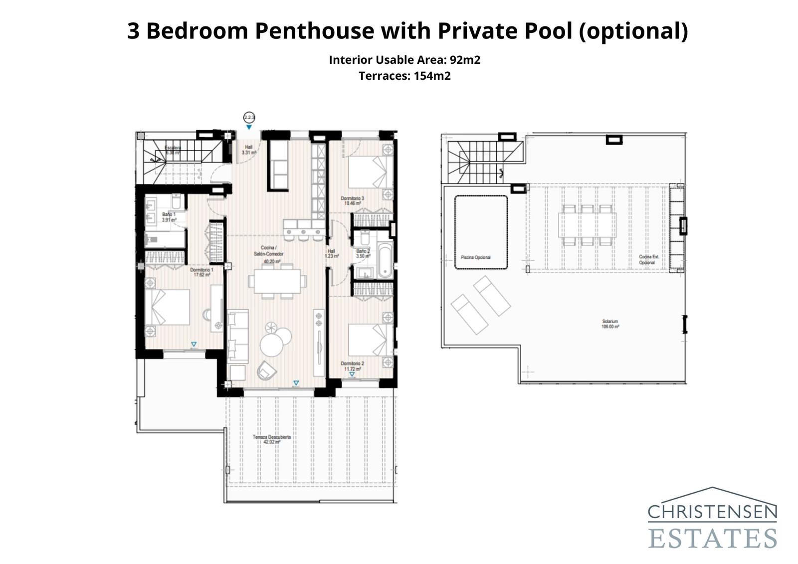 Takvåningen med tre sovrum erbjuder exceptionellt boende, med ett stort taksolarium och en valfri privat pool för den ultimata lyxiga livsstilen.