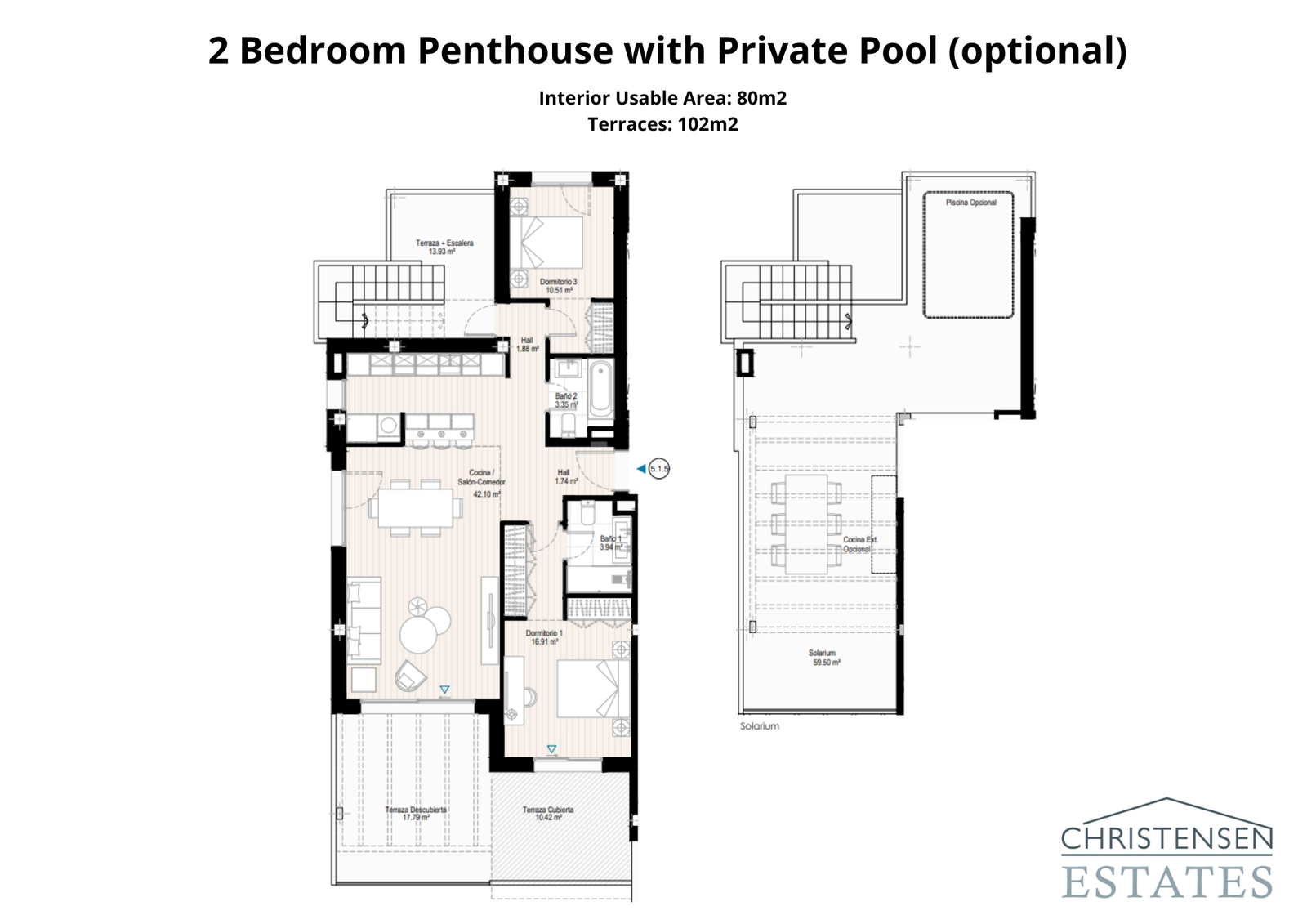 Denna takvåningsplanlösning med två sovrum framhäver de stora terrasserna och taksolariet, designade för att maximera den fantastiska havsutsikten och utomhuslivet.