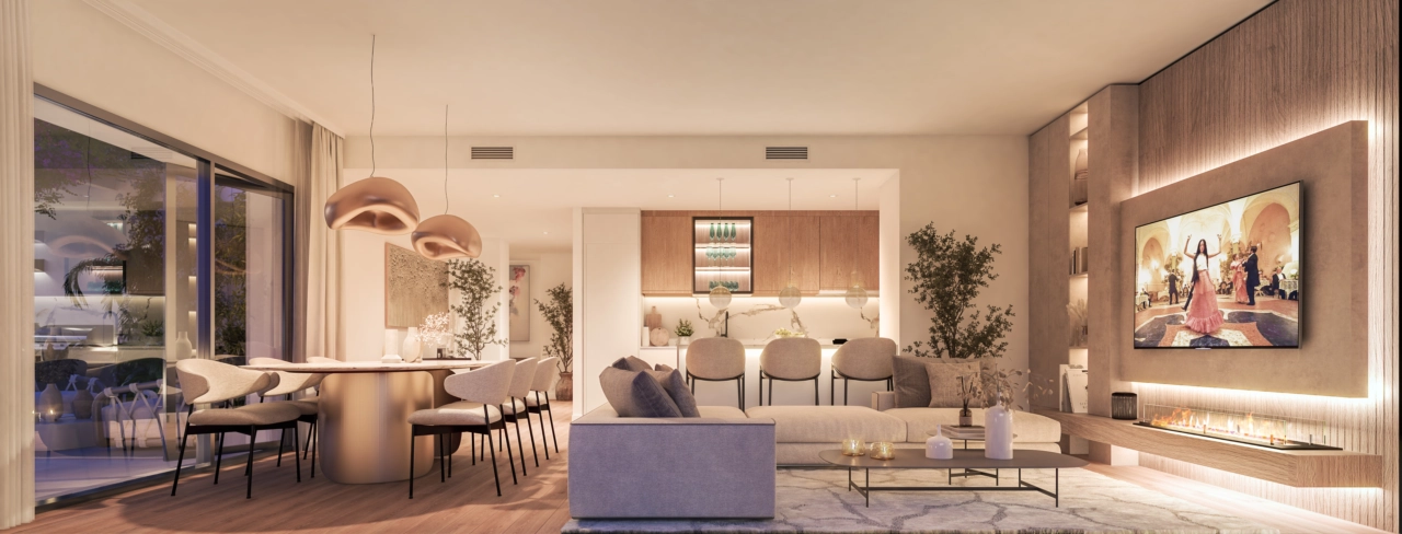 Vardagsrummet på kvällen, en varm och inbjudande plats för komfort och avkoppling.