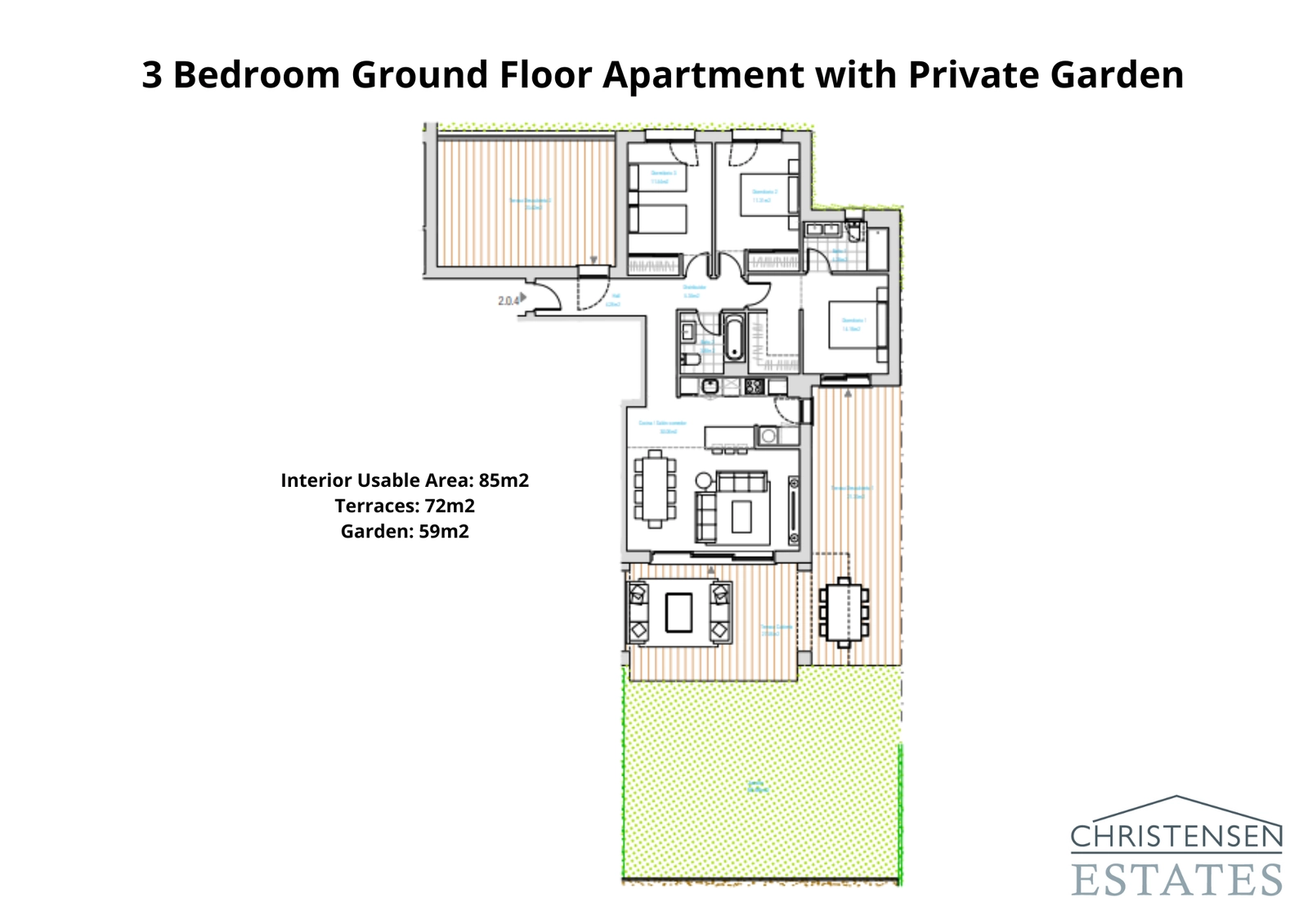Den rymliga bottenvåningsplanlösningen med tre sovrum erbjuder gott om boendeyta, en stor privat trädgård och flera terrasser för familjen att njuta av.