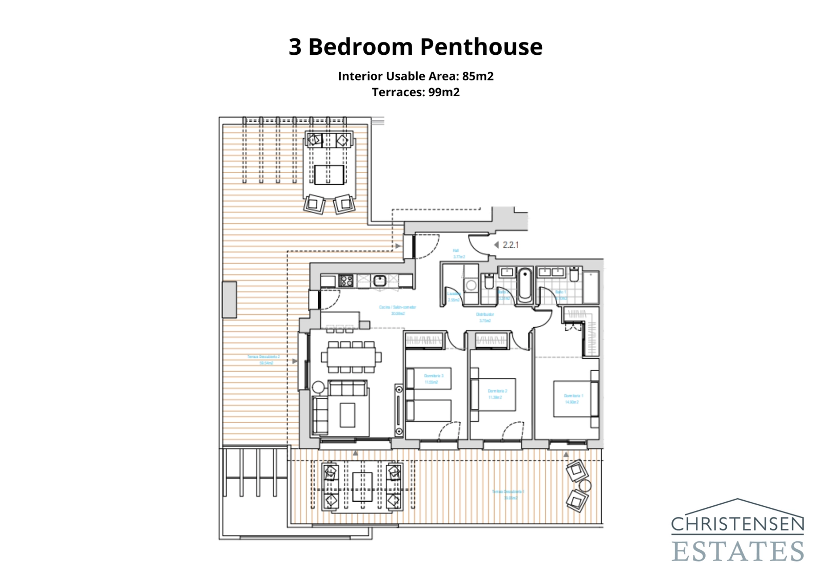 Denna exceptionella takvåningsdesign med tre sovrum inkluderar expansiva terrasser runt om för att maximera den fantastiska havs- och golfutsikten.