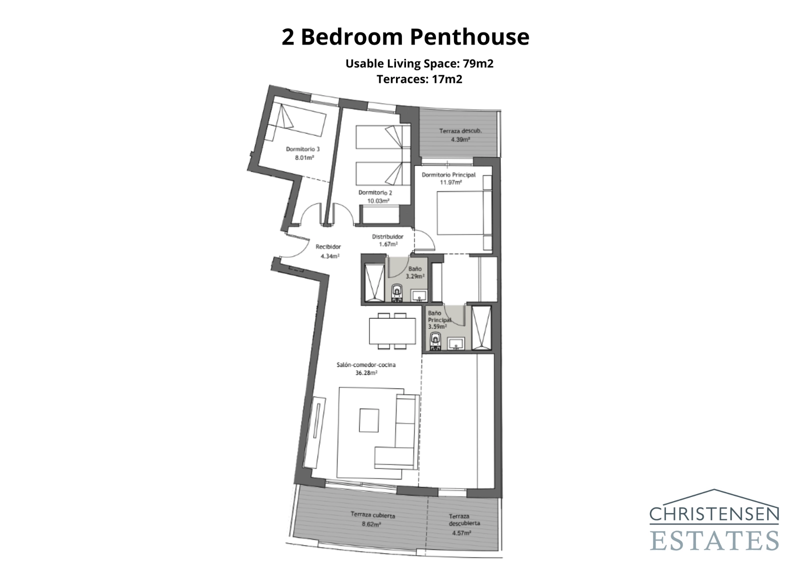 En takvåningsplanlösning med två sovrum, designad för en premiumlivsstil, med generösa vardagsrum och flera terrasser för att njuta av det behagliga klimatet på Costa del Sol.