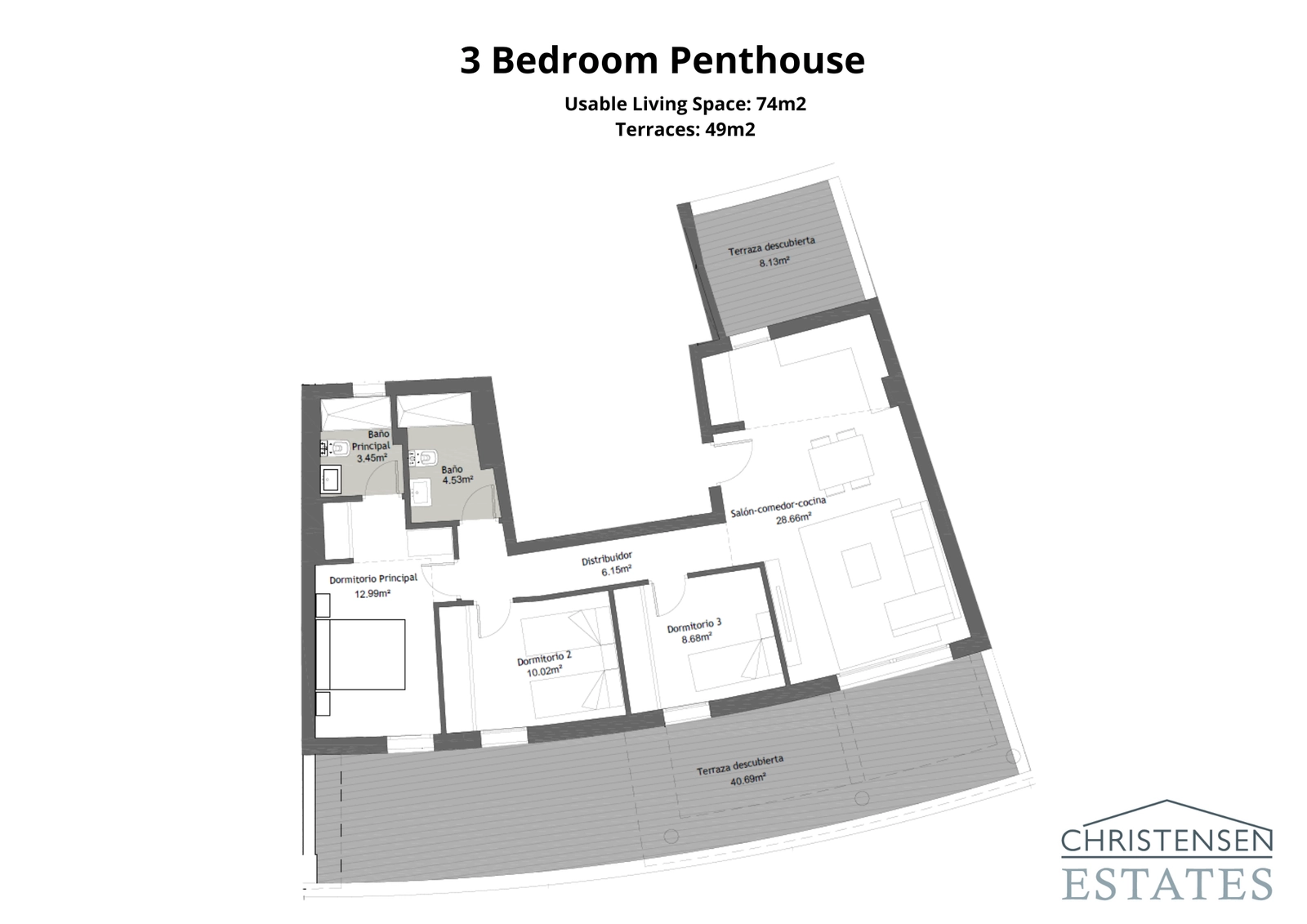 Denna rymliga takvåning med tre sovrum erbjuder en exceptionell boendeupplevelse, med en imponerande stor terrassyta perfekt för underhållning och avkoppling.