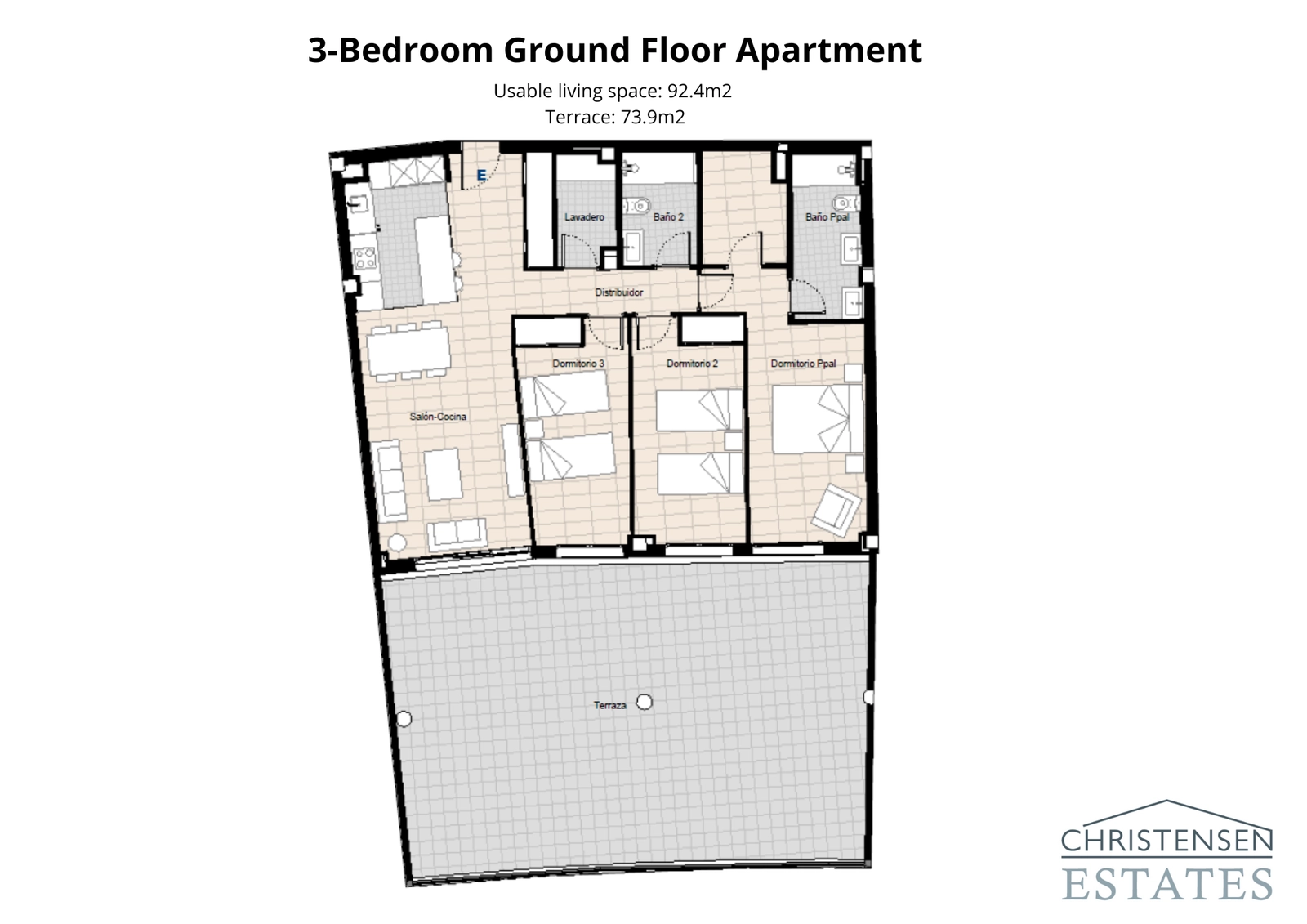 En rymlig trerumsdesign på bottenvåningen med en exceptionellt stor terrass, perfekt för en inomhus-utomhuslivsstil.