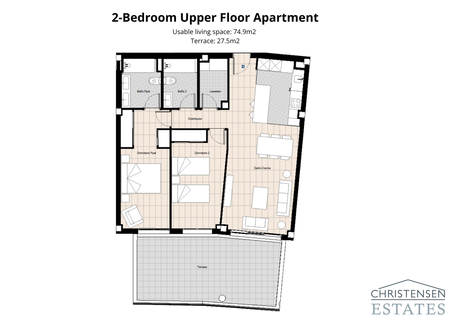 Den välplanerade layouten för denna tvårumslägenhet på övre plan maximerar utrymmet och erbjuder fantastisk utsikt från terrassen.