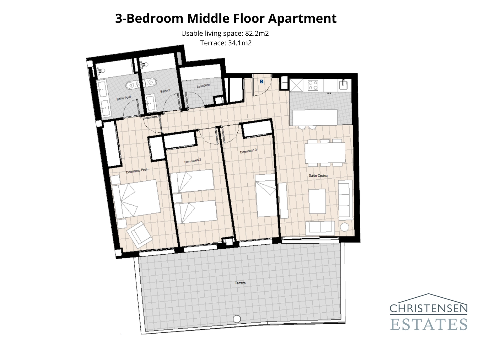 Denna trerums lägenhet på mellanplan erbjuder en rymlig och praktisk planlösning med en generös terrass för att njuta av klimatet.