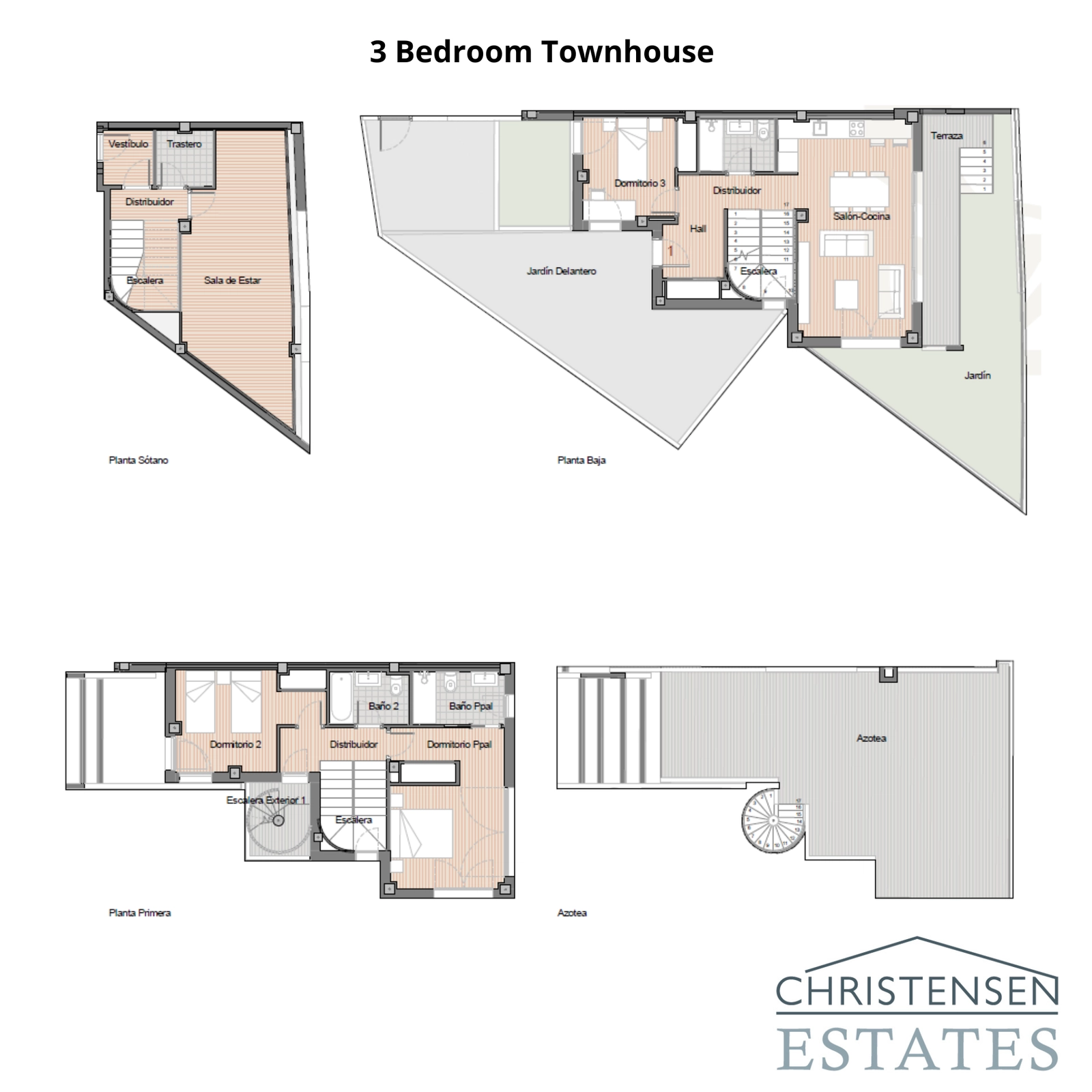 Denna plan visar layouten för ett rymligt radhus med 3 sovrum, som detaljerar fördelningen av rum över källare, bottenvåning, första våningen och taksolarium.