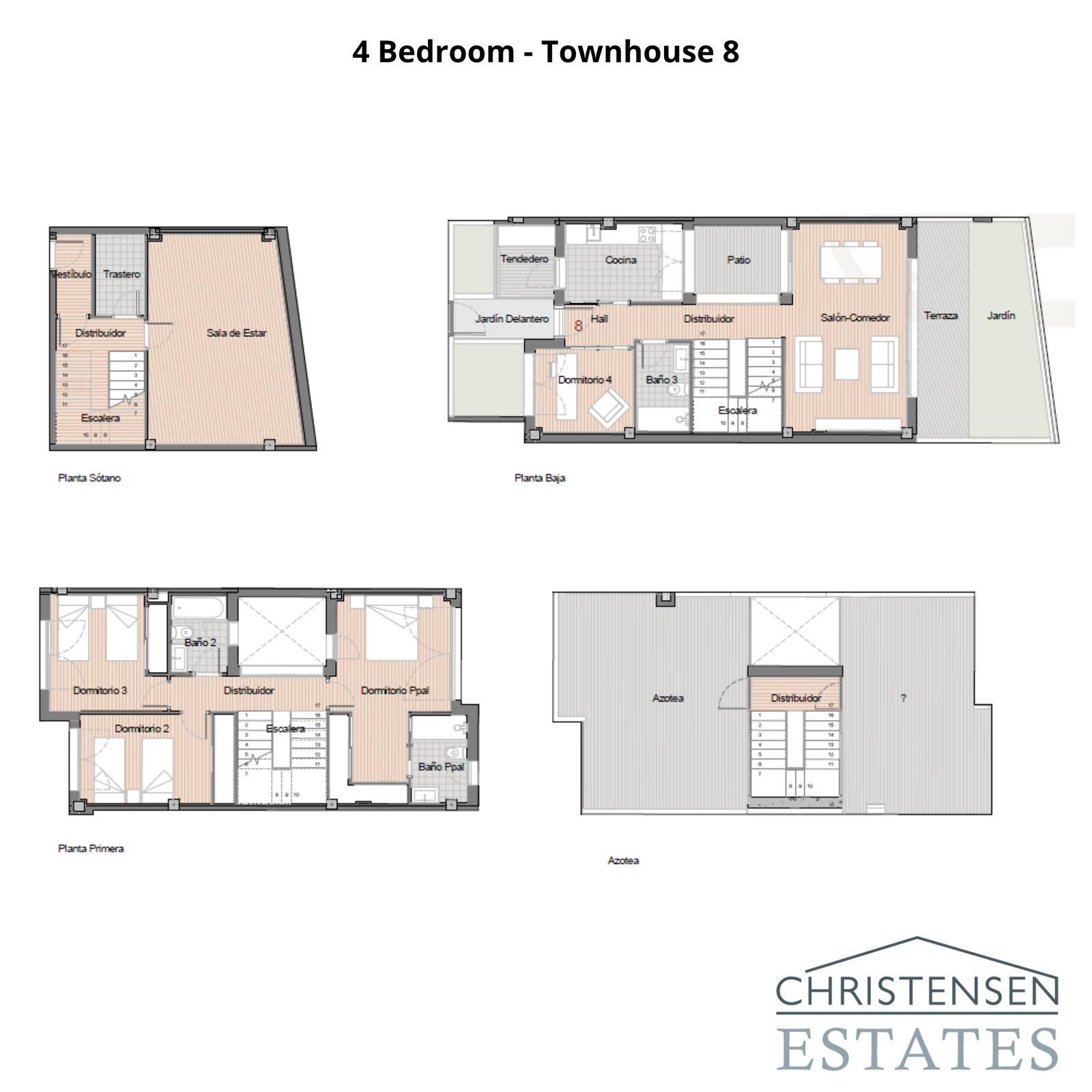 En alternativ planlösning för ett radhus med 4 sovrum, designad för optimal komfort och funktionalitet, med flera våningar som erbjuder distinkta boende- och privata zoner.