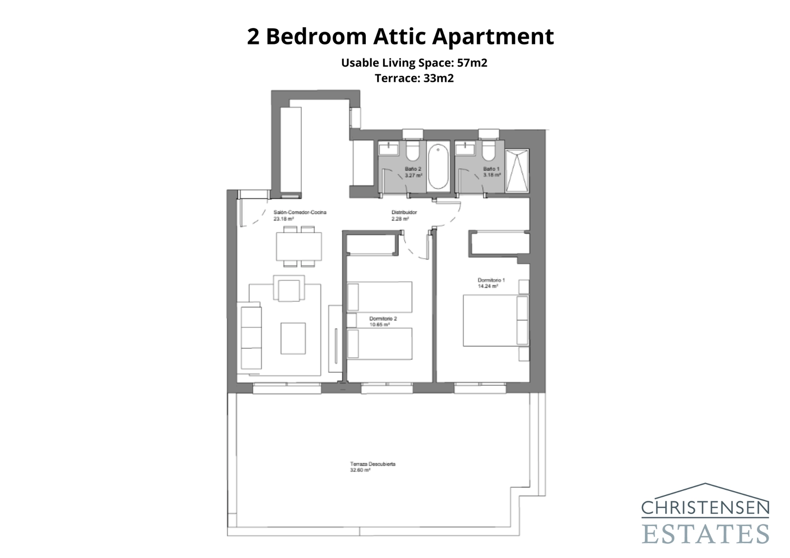 Tvårumslägenheten på takvåningen har en magnifik terrass för att njuta av solen och utsikten.