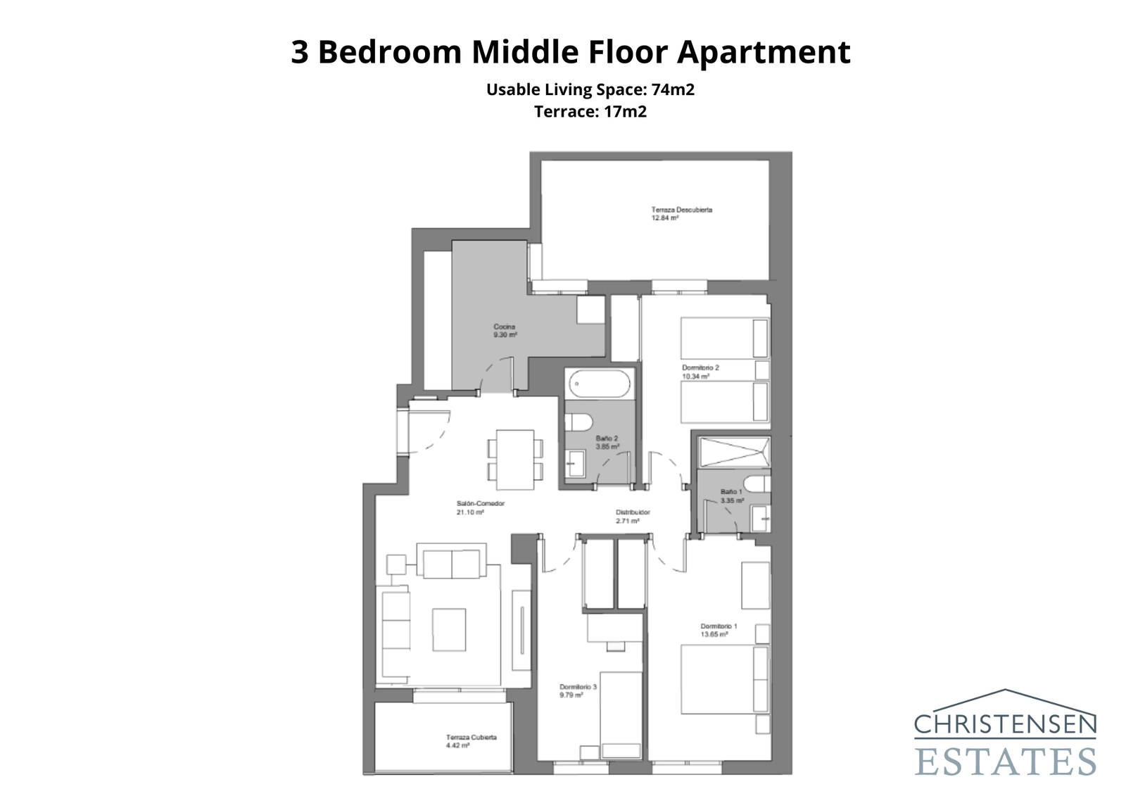 En rymlig trerumsbostad, perfekt för familjer, med generösa vardagsrum och två terrasser.