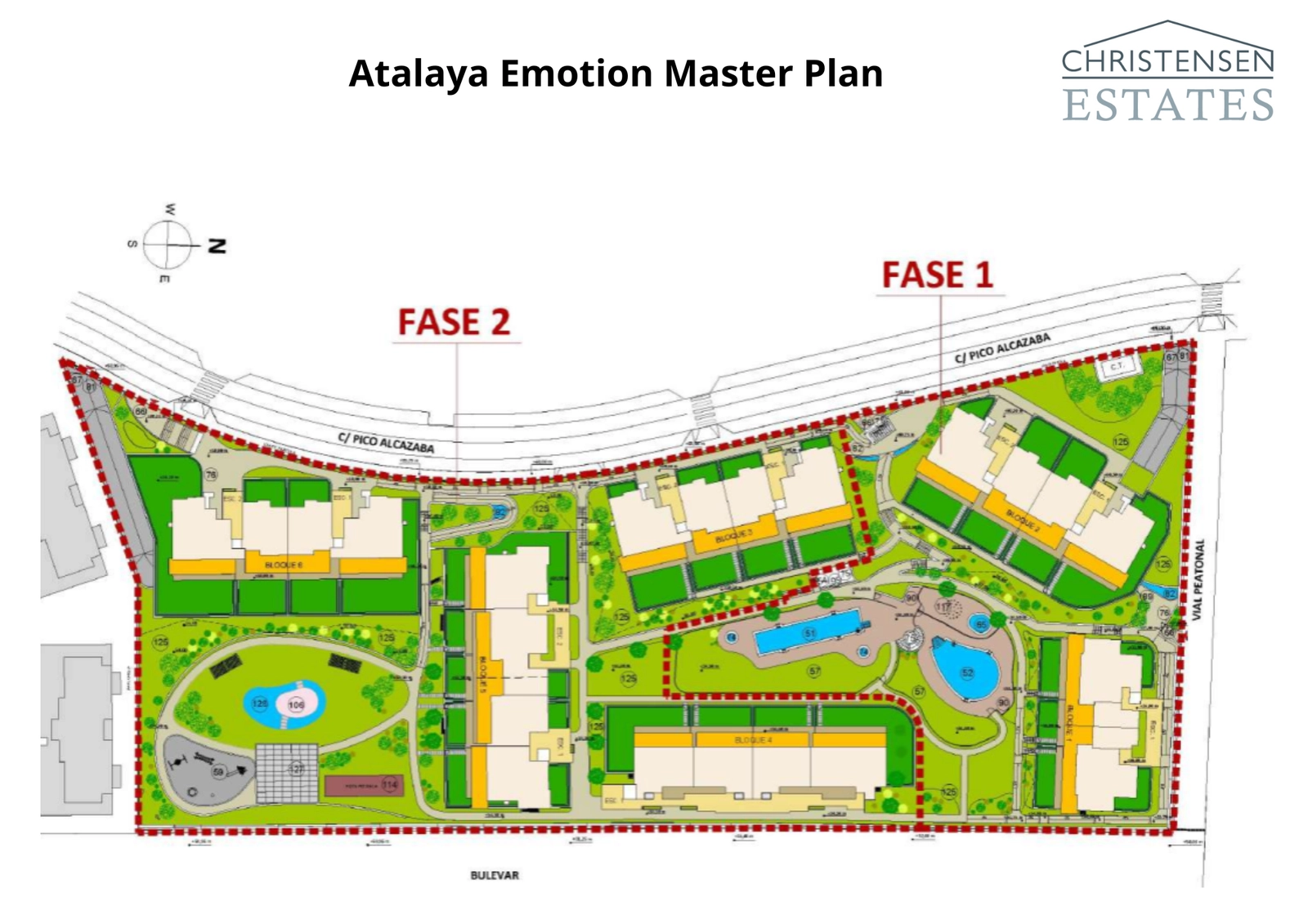 Denna masterplan illustrerar den genomtänkta layouten av bostadsområdet, som visar de omfattande grönområdena och de gemensamma faciliteterna.