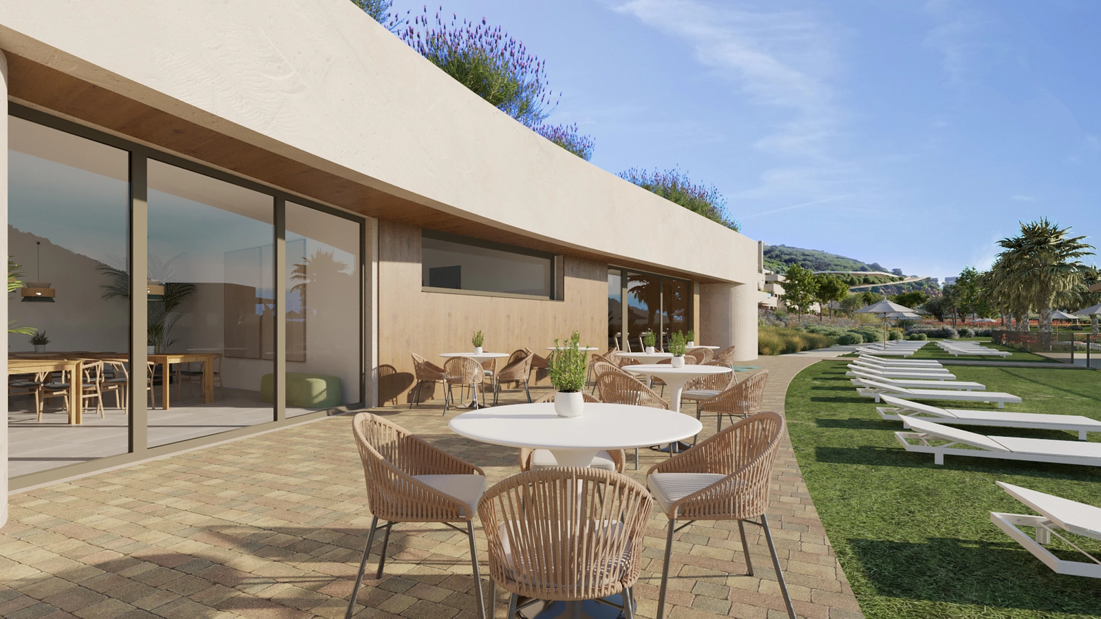 Koppla av på terrassen till invånarnas sociala klubb.