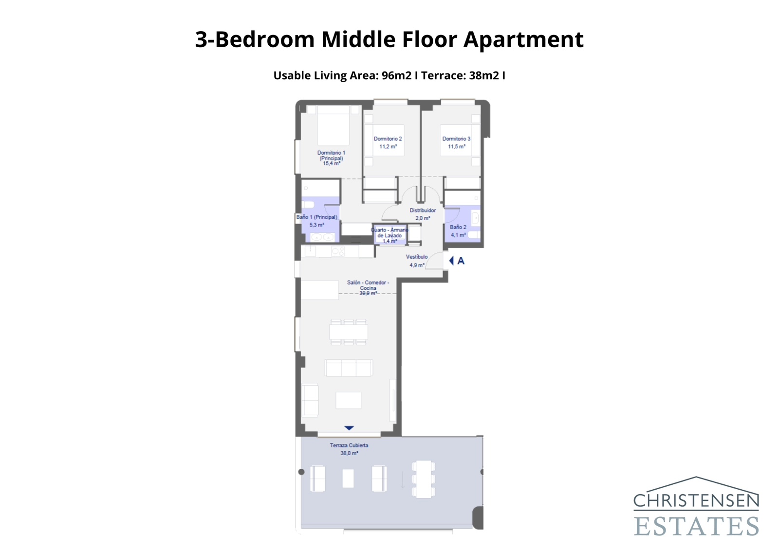 Den välproportionerade lägenhetsplanen med tre sovrum erbjuder bekväma vardagsrum och en generös täckt terrass.