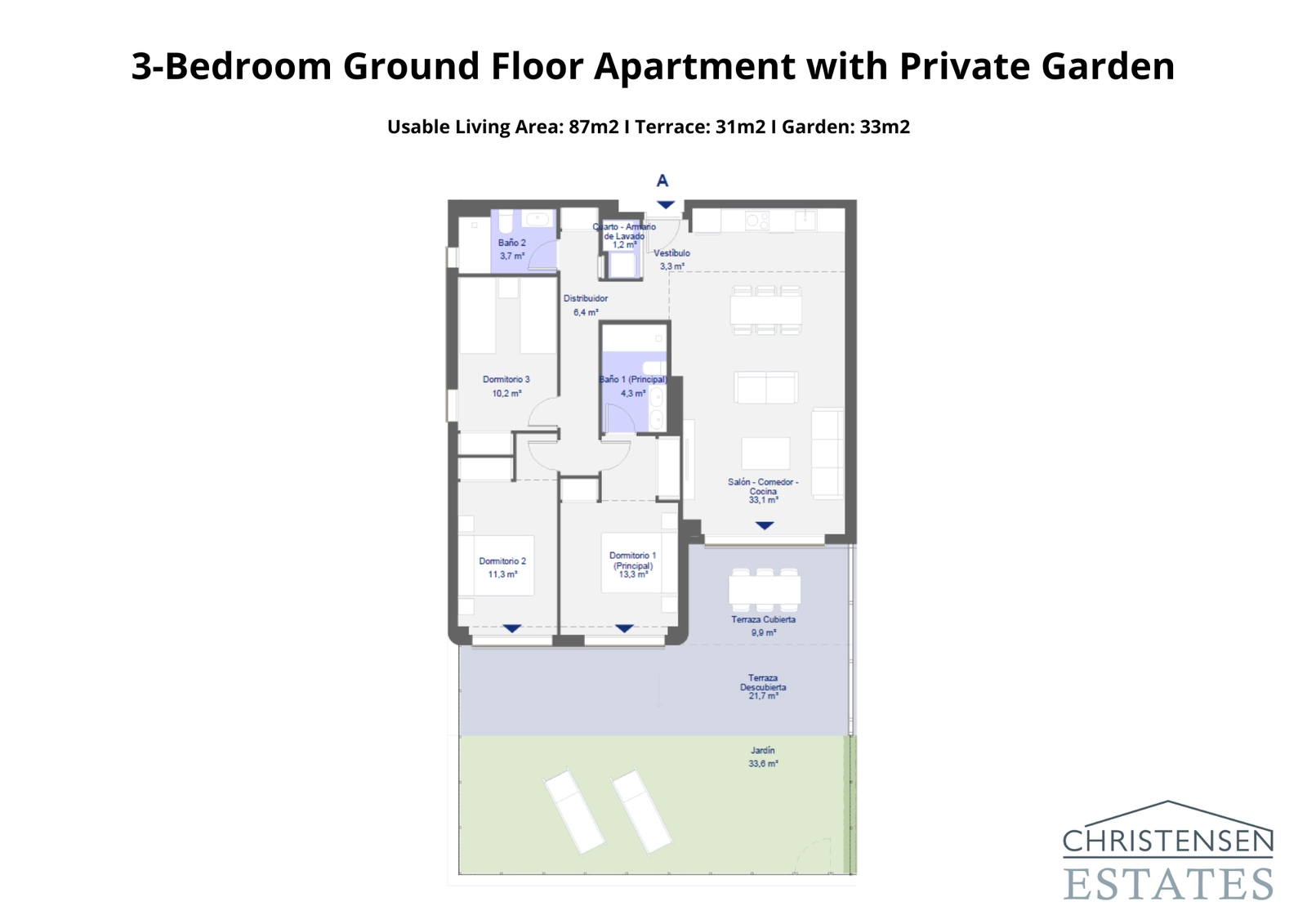 Upptäck denna bottenvåningslägenhet med tre sovrum och direkt tillgång till en privat trädgård och täckt terrass.