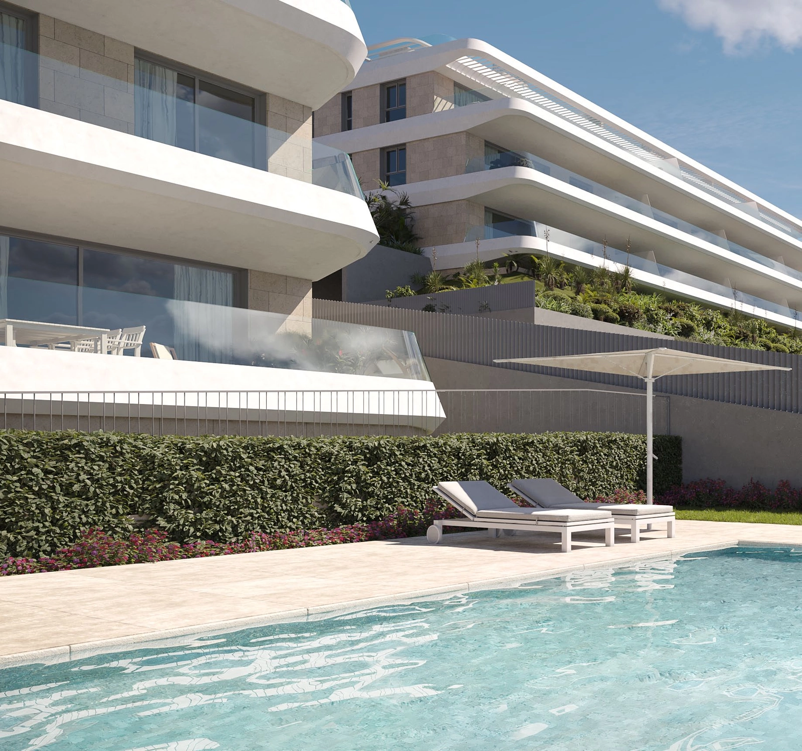 Njut av avkopplande dagar vid den gemensamma poolen, omgiven av frodig grönska och modern arkitektur.