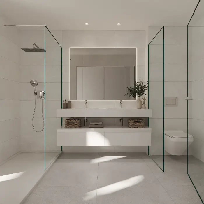 Eleganta huvudbadrum har högkvalitativa material, modern design och rymliga walk-in-duschar för en spaliknande upplevelse.