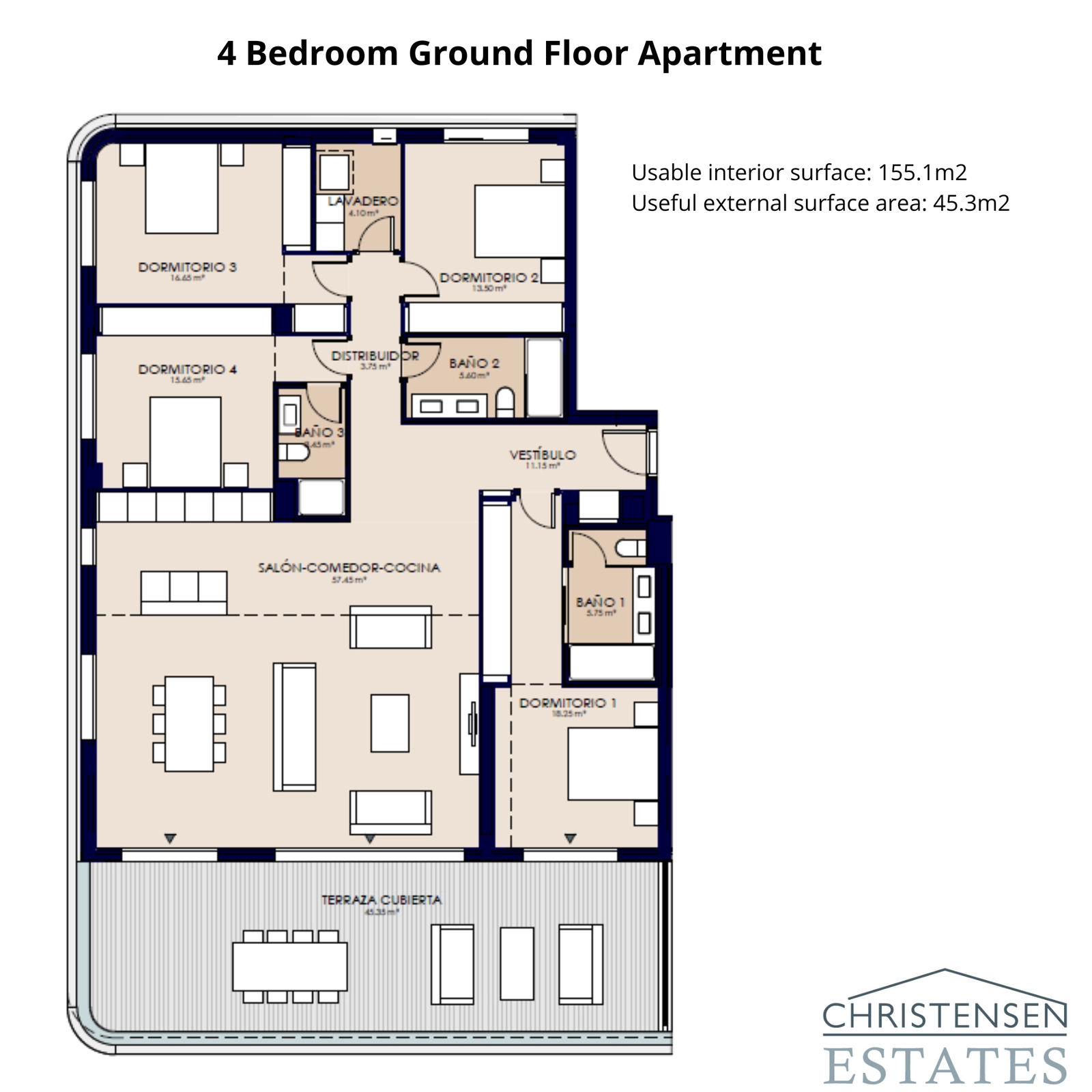 En välplanerad bostad med fyra sovrum på bottenvåningen som erbjuder expansiva sällskapsytor och en stor terrass, perfekt för bekvämt boende och underhållning.