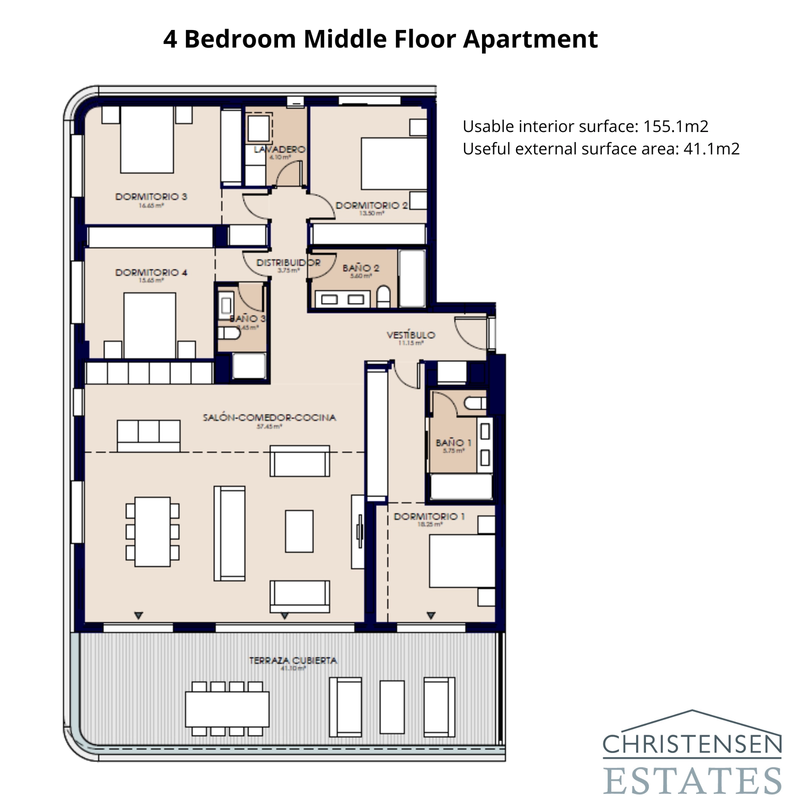 Denna lägenhet med fyra sovrum erbjuder en smart planlösning med gott om utrymme för familjeliv, kompletterad av en bred terrass med vackra utsikter.