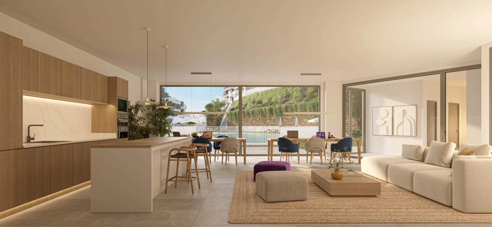 Loungen för co-working där invånarna kan arbeta, träffas eller koppla av i bekvämlighet.