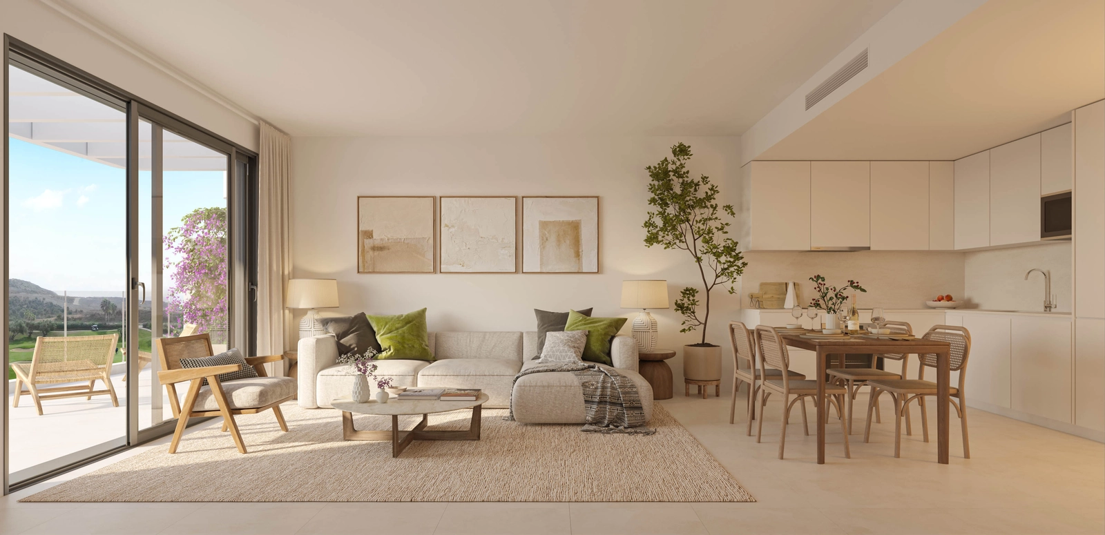 Ett modernt och välkomnande vardagsrum, designat för komfort och fyllt med naturligt ljus.