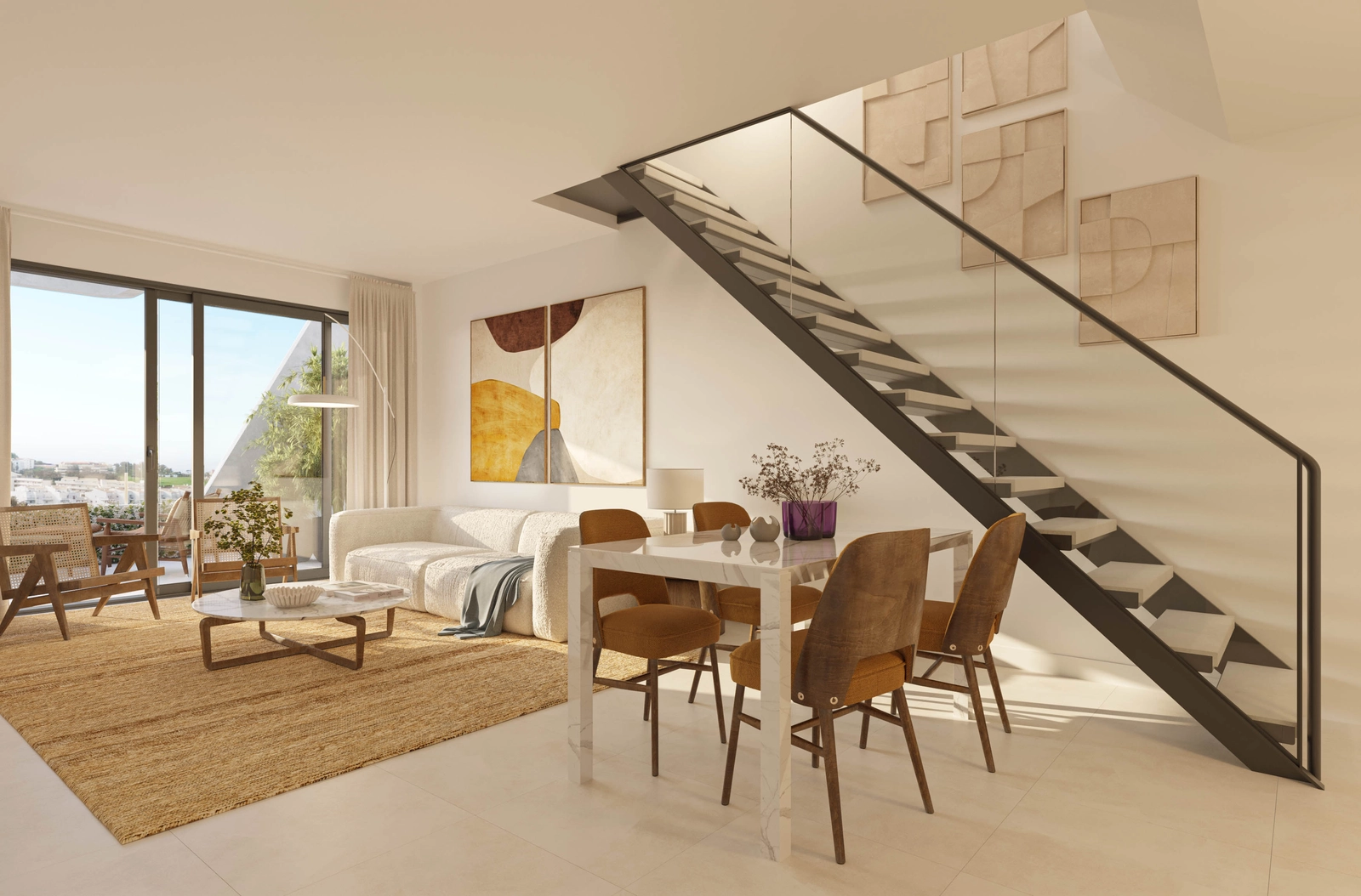 De stilfulla etagelägenheterna har dubbel takhöjd och modern design.