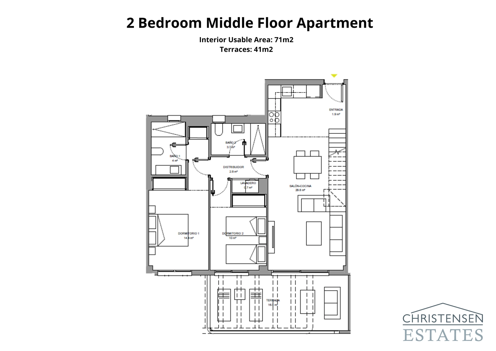 Planlösning för lägenhet med två sovrum, designad för komfort med en generös terrass för att njuta av Costa del Sols klimat.