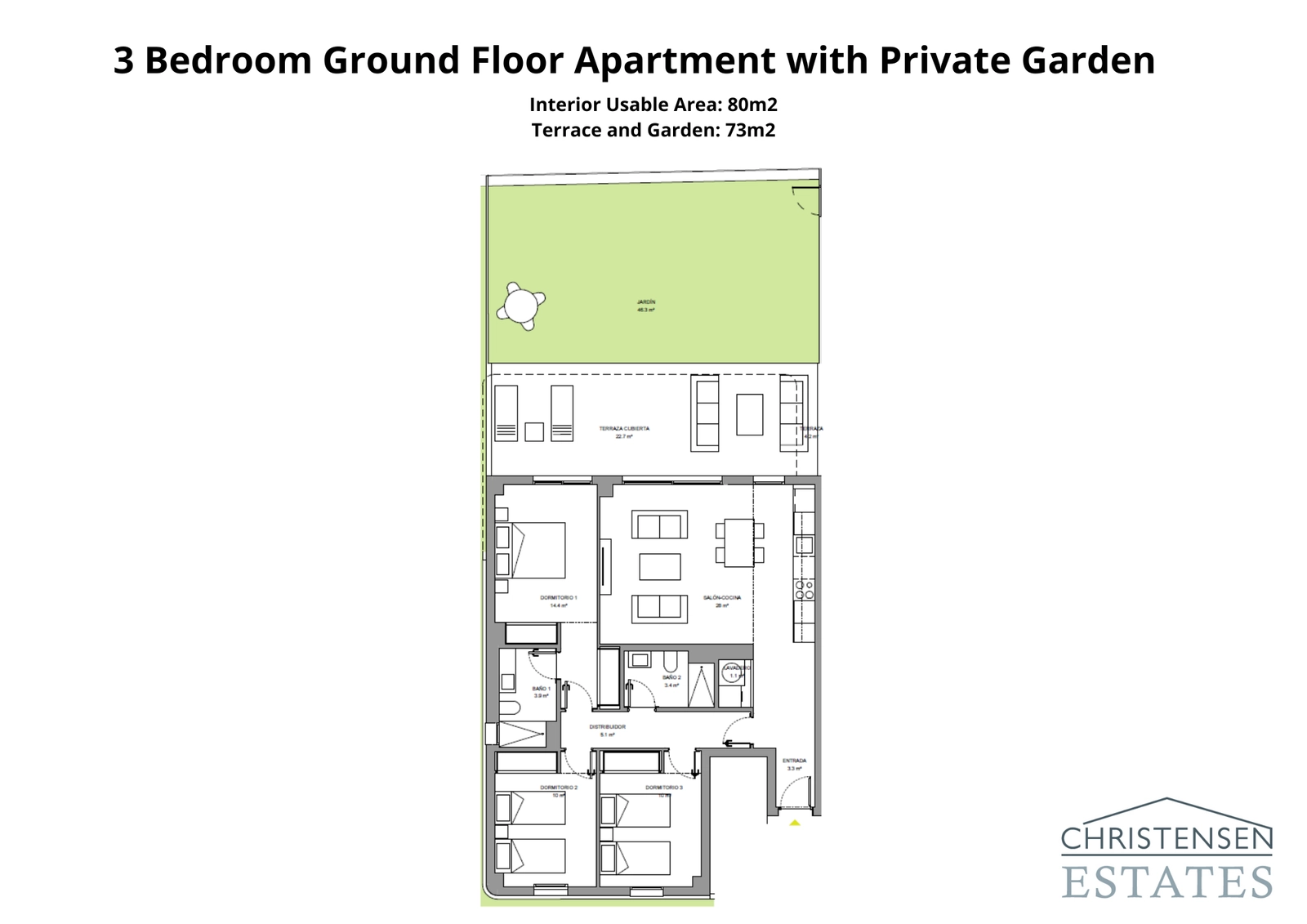 Bostad på bottenvåningen med tre sovrum, rymliga interiörer anslutna till en generös terrass och privat trädgård, perfekt för utomhusliv.