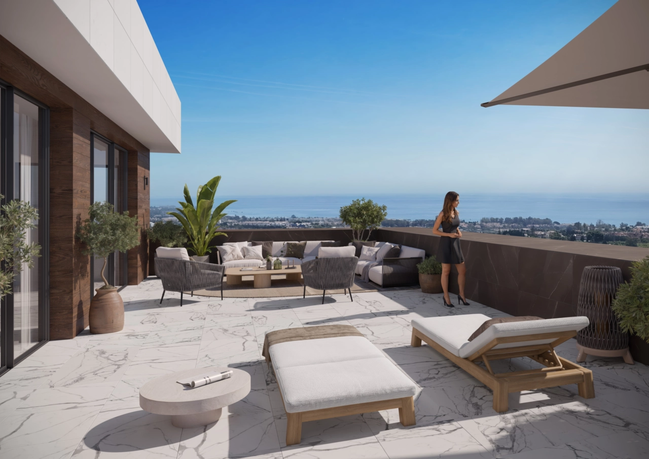 Rymliga terrasser erbjuder oavbruten utsikt över Medelhavet.