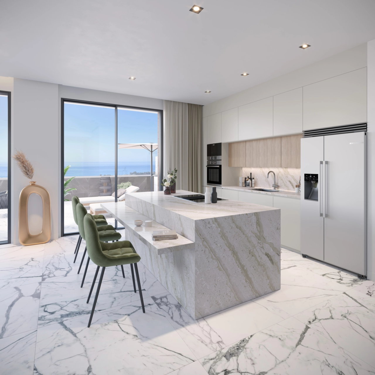 Ett modernt, fullt utrustat kök med en stilren köksö och premiumfinish.