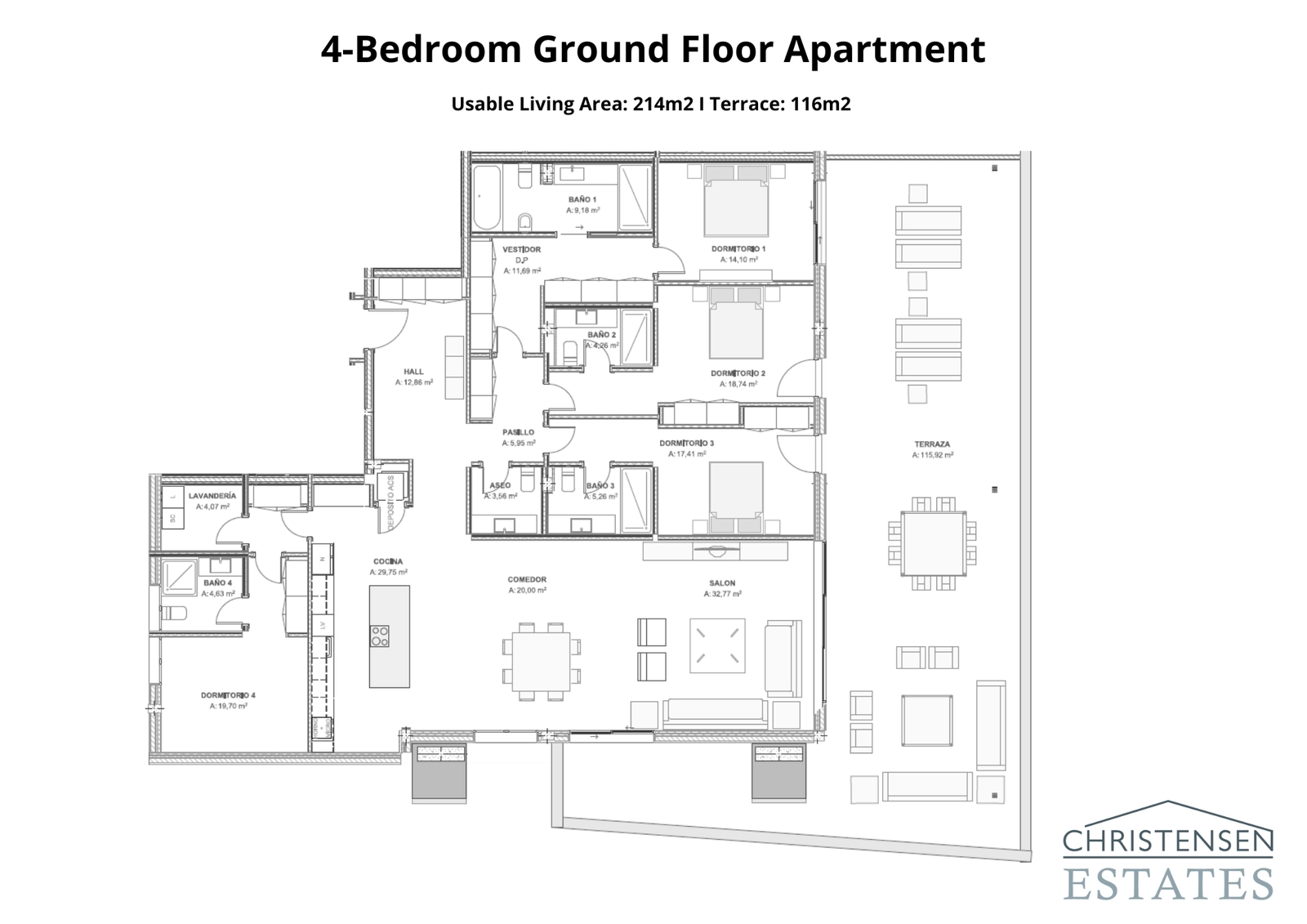 En magnifik lägenhet på bottenvåningen med fyra sovrum och stora sällskapsytor som sträcker sig ut till en mycket stor terrass, perfekt för familjer och underhållning.