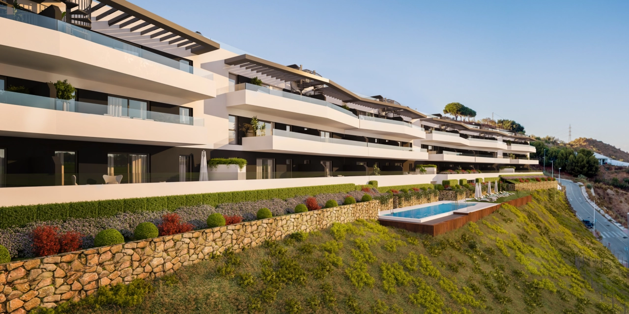 Bostadsområdets eleganta, moderna arkitektur vid solnedgången.