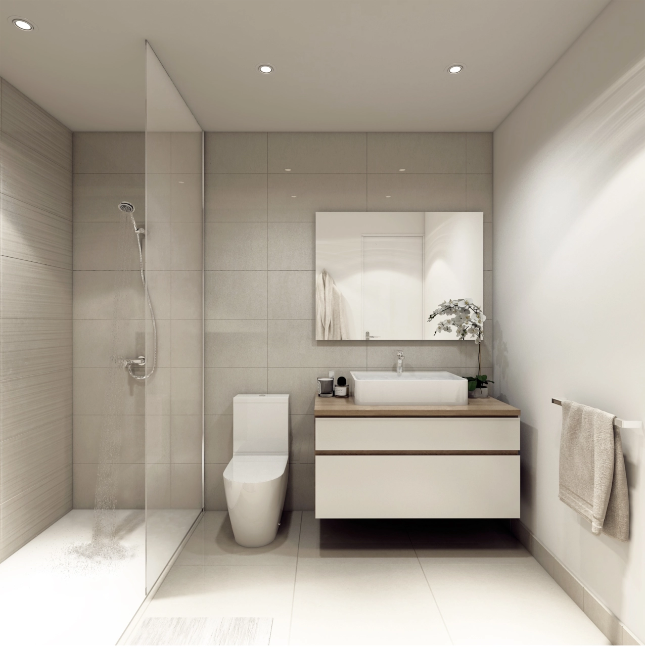 Ett modernt badrum med högkvalitativa ytskikt och en ren, elegant design.