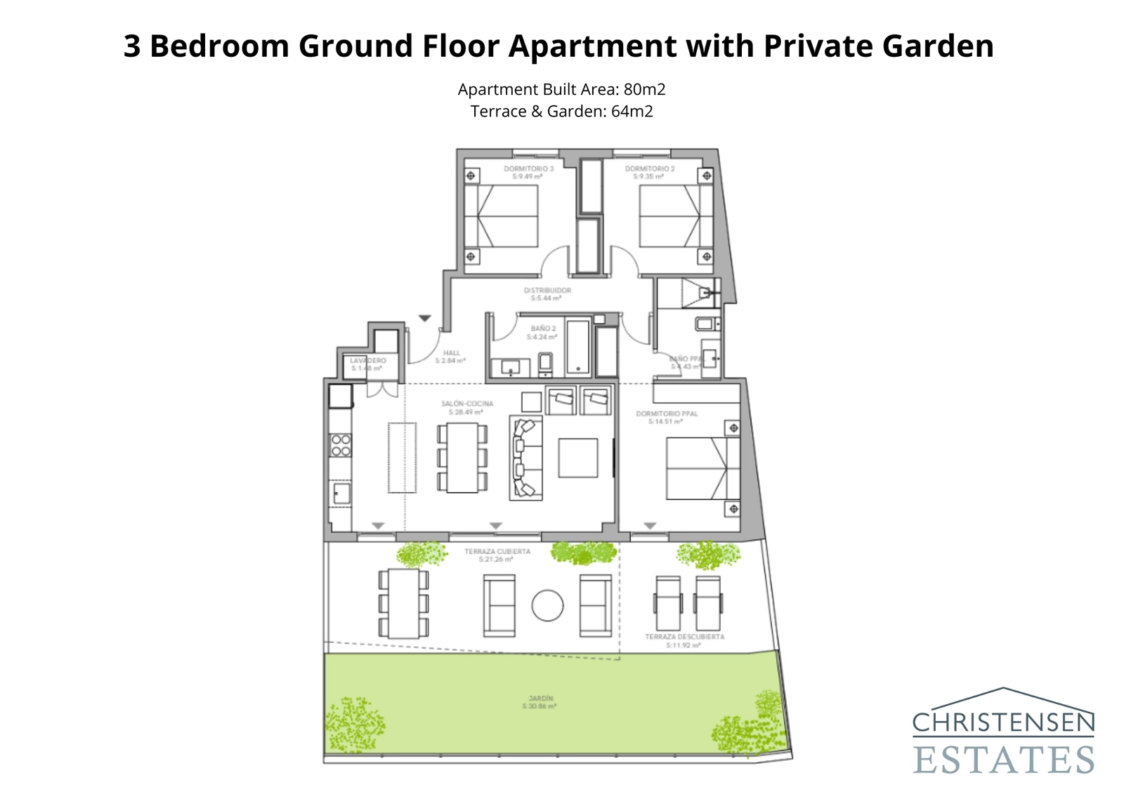 Planlösning för bostaden på bottenvåningen med tre sovrum, som framhäver det generösa innerutrymmet och den stora privata trädgården, perfekt för utomhusliv.