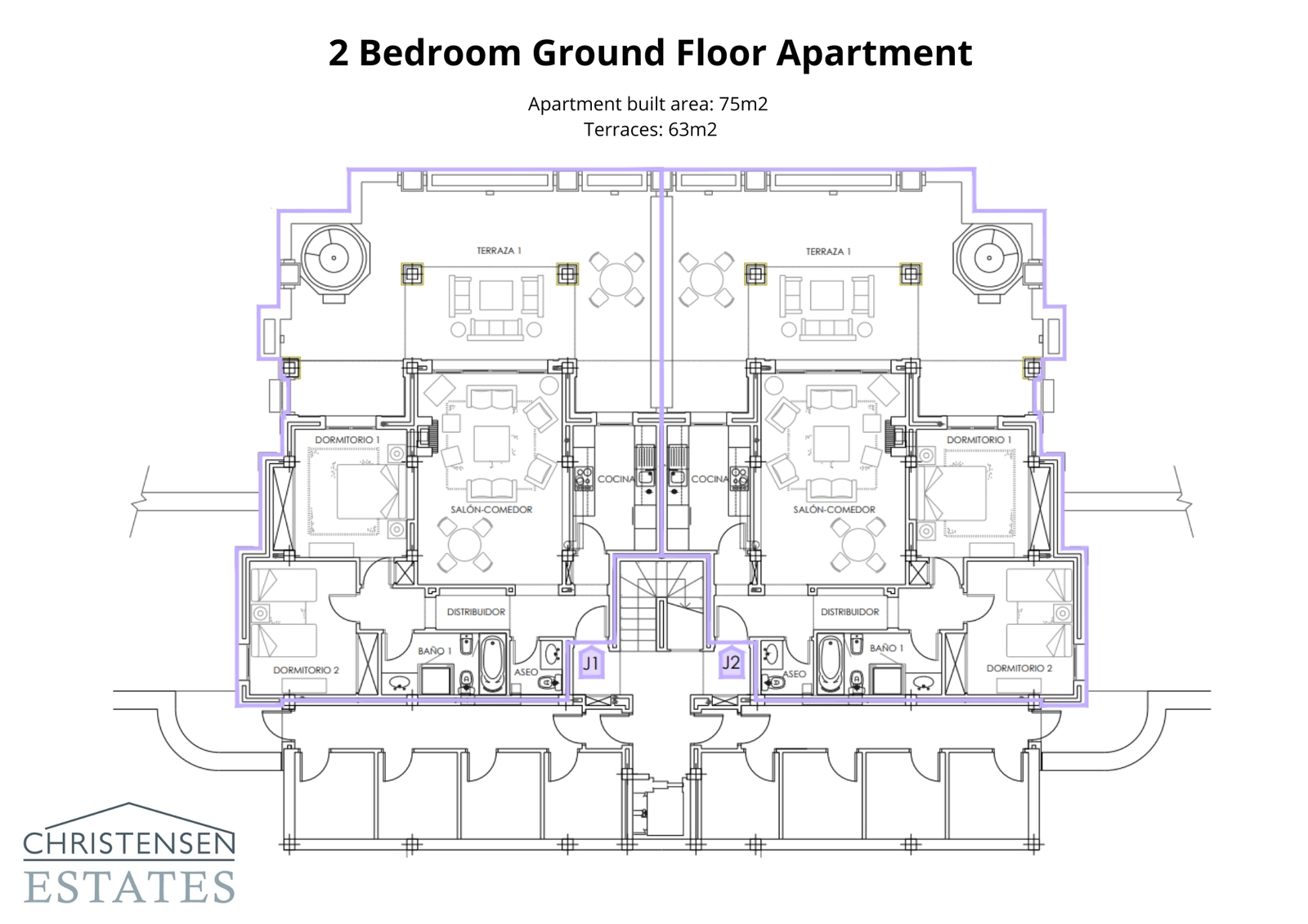 Planritning för en lägenhet med två sovrum på bottenvåningen, som lyfter fram den rymliga terrassen som utökar vardagsrumsytan utomhus.