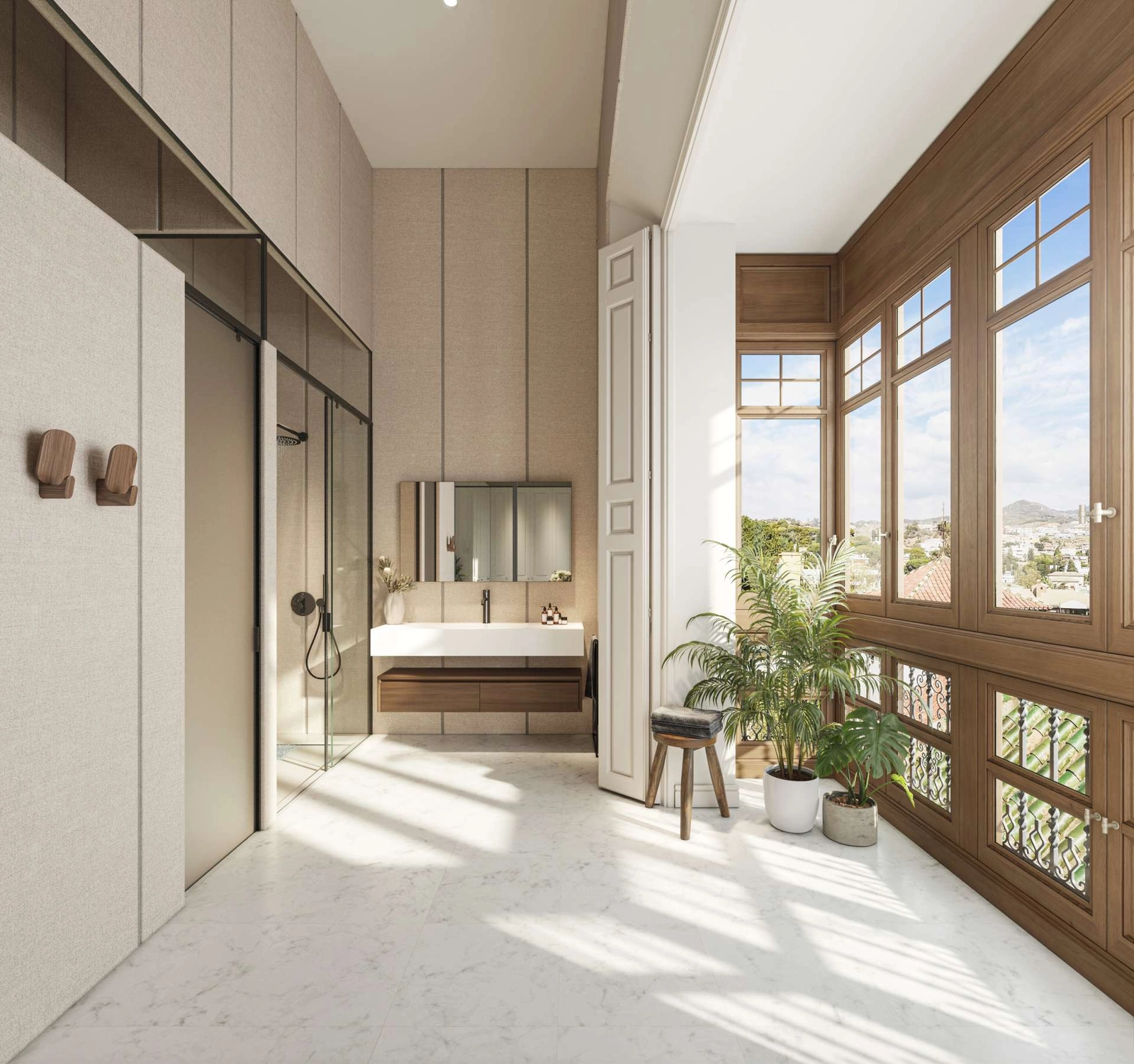 Ljusa badrum har historiska detaljer som detta magnifika burspråk, vilket skapar ett unikt utrymme för avkoppling.