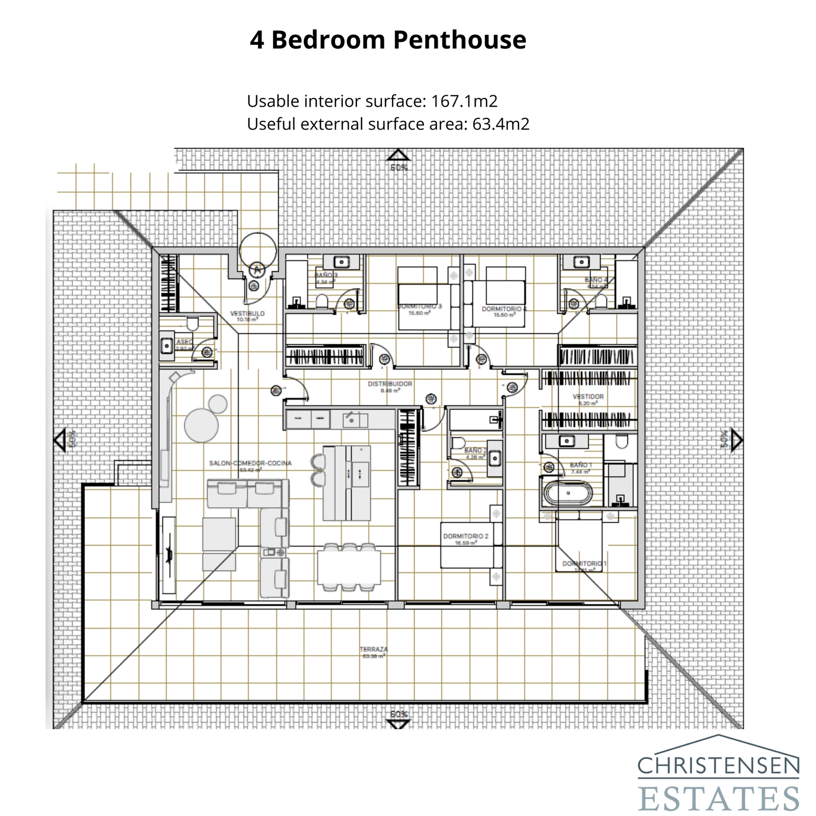 Den exklusiva takvåningen med fyra sovrum erbjuder expansiva interiörer och en stor terrass för det ultimata lyxiga boendet.